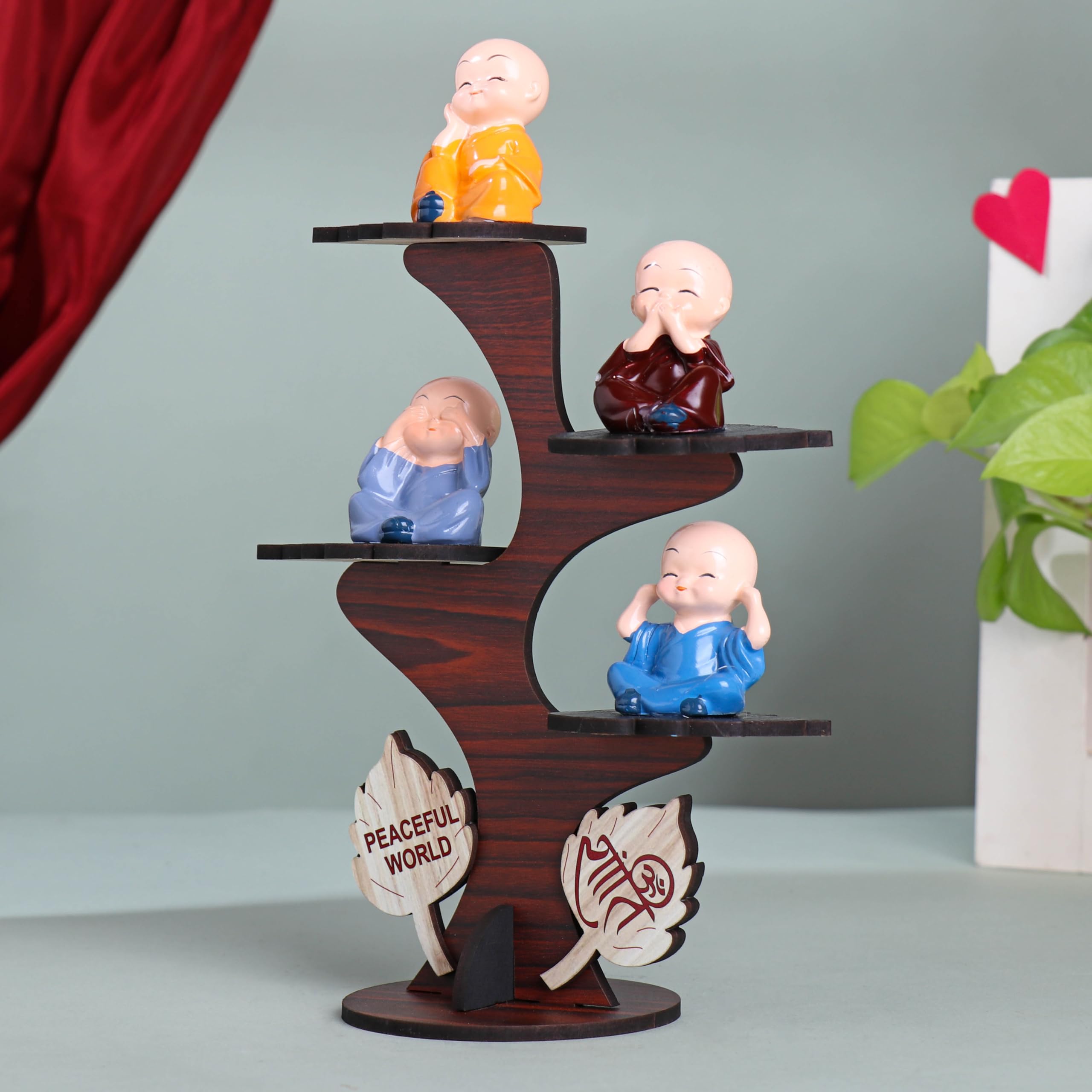 Floweraura Decorative Set Of 4 Adorable Buddha Monk Figurines With Wooden Stand For Peaceful Home Decor & Office Decor, Special