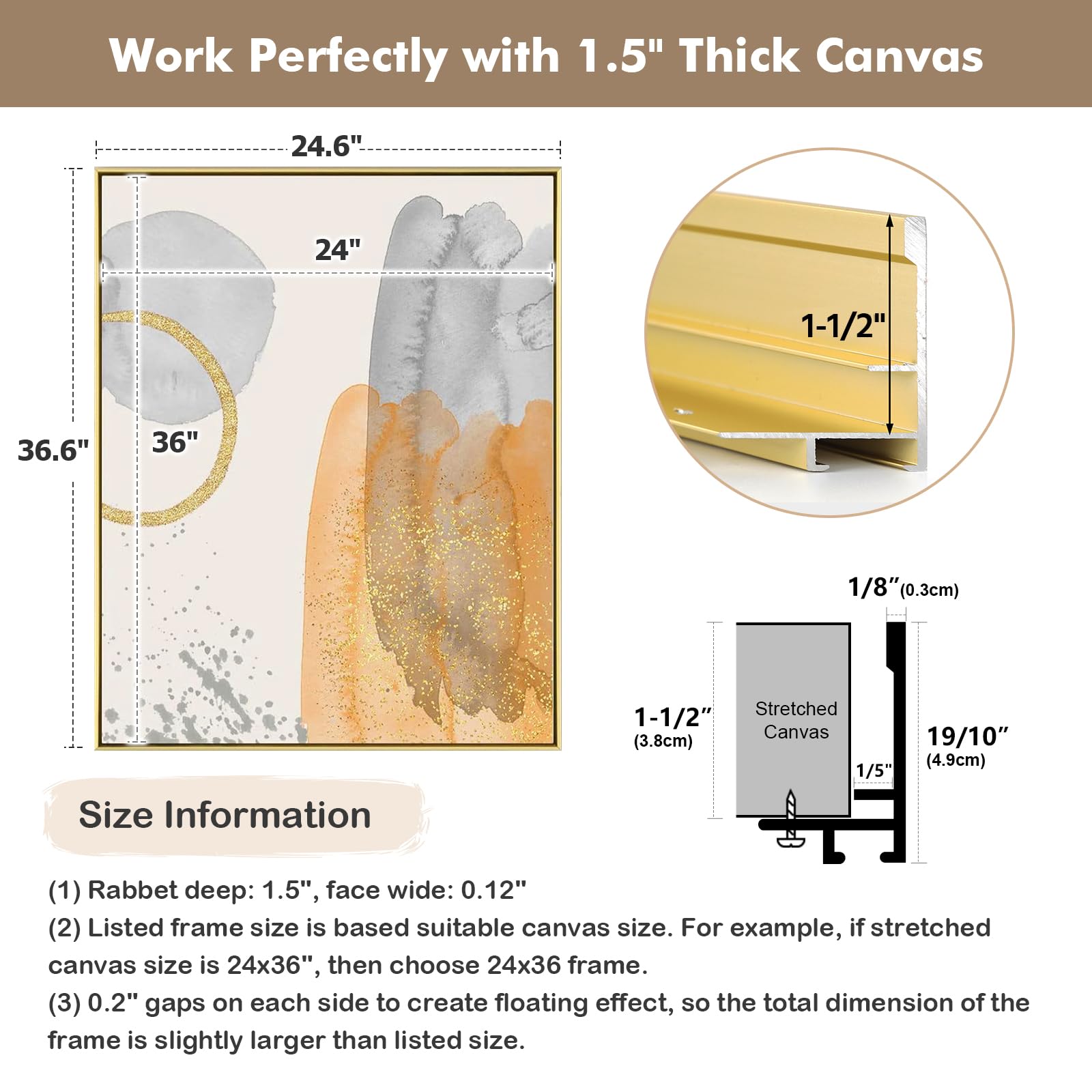 FOLKOR Canvas Floater Frame for 24x30 Oil Paintings  DIY Metal Canvas Frame with 1.5'' Deep  Floating Frame for Canvas Prints Wall Art/Portrait/Landscape Living Room Bedroom Kitchen Decor (Gold)