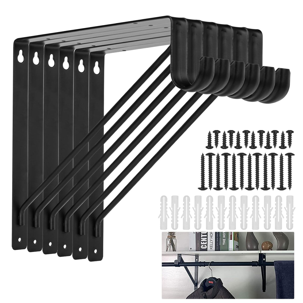 Ayaygd 6 Pack Heavy Duty Closet Rod Brackets 11 X 11 Inch, Black Closet Shelf & Rod Bracket Holder For Home And Closet Decor, Wa