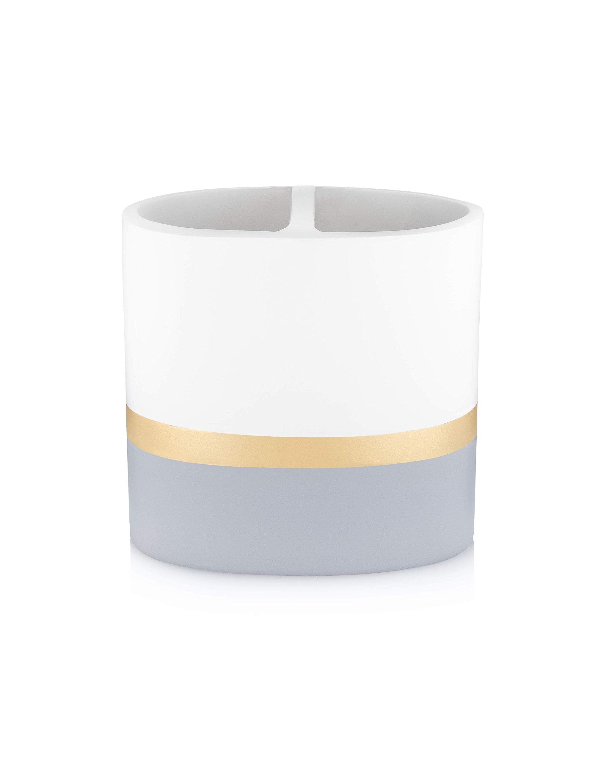 Essentra Home Day And Night Collection White And Grey With Gold Stripe Toothbrush Holder