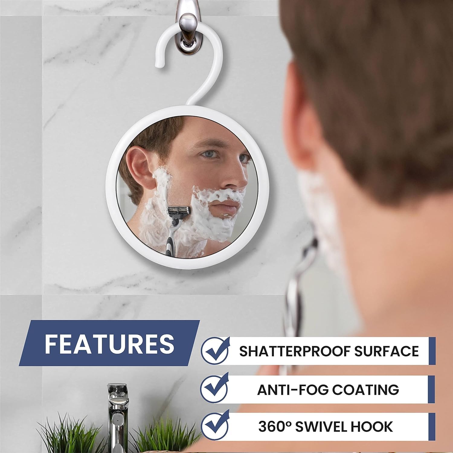 MIRRORVANA Hangable Round Fogless Shower Shaving Mirror with 360? Swivel Rotatable Hook for Hanging and Bonus Anti-Fog Spray - Anti Fog and Shatterproof Surface  6.7 '' Diameter