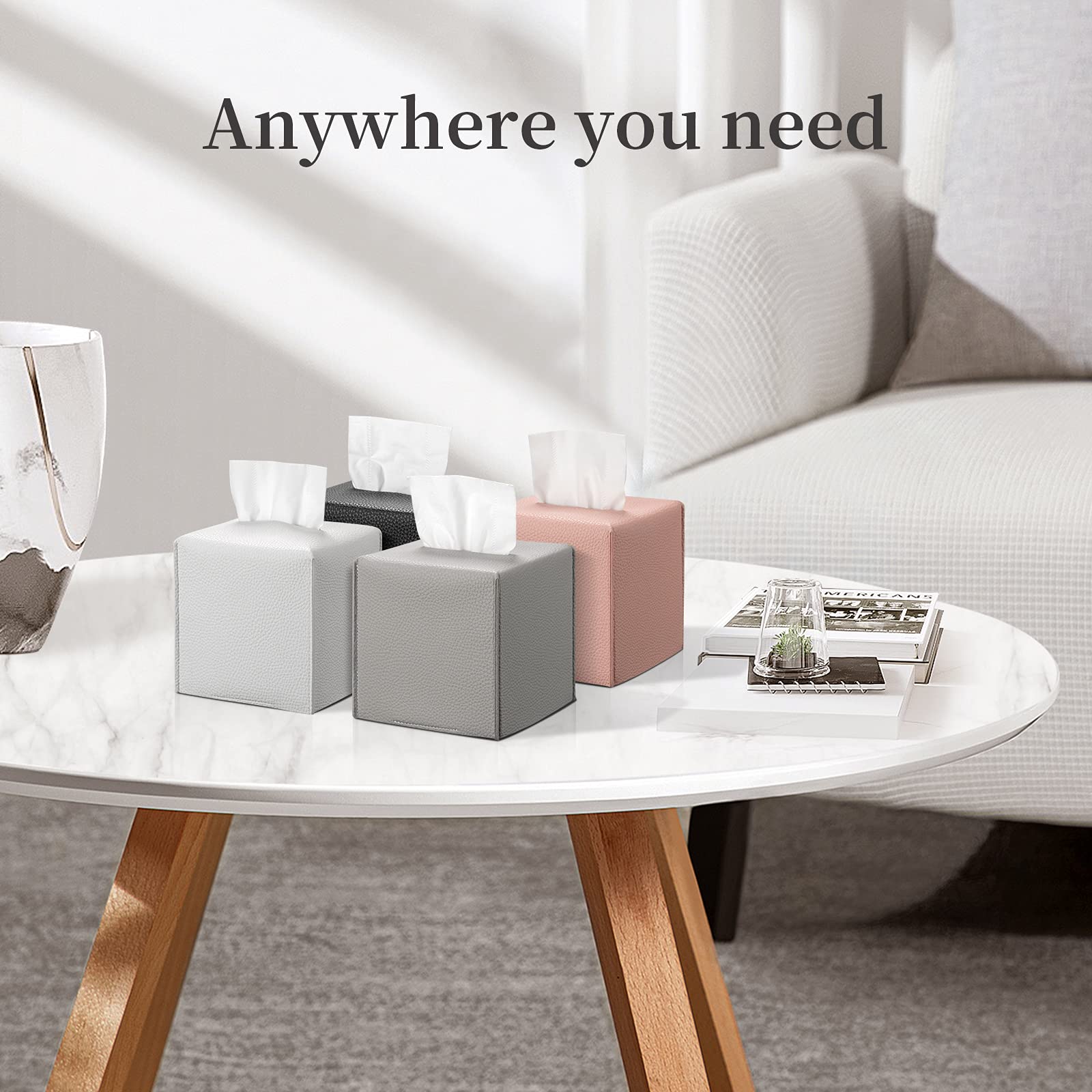 REGELETO 2 Pack Grey Tissue Box Cover  Pu Leather Square Tissue Box Holder with Bottom Belt Modern Style Tissue Box Organizer for Home  Car  Hotel  Office 5''X5''X5'' (Grey-2Pack)