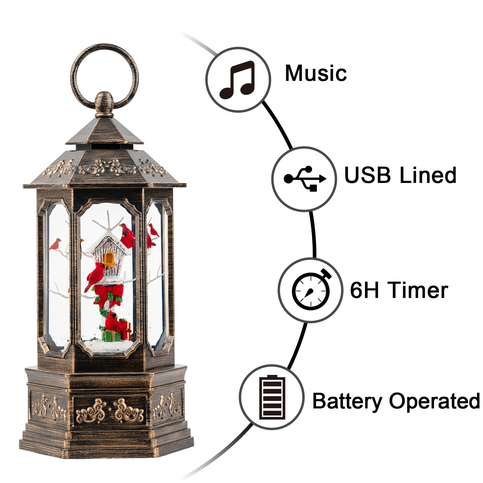 Musical Snow Globe Lantern Lighted Cardinal & Birdhouse Christmas Snow Water Lantern Swirling Glittering Home Decoration and Gif