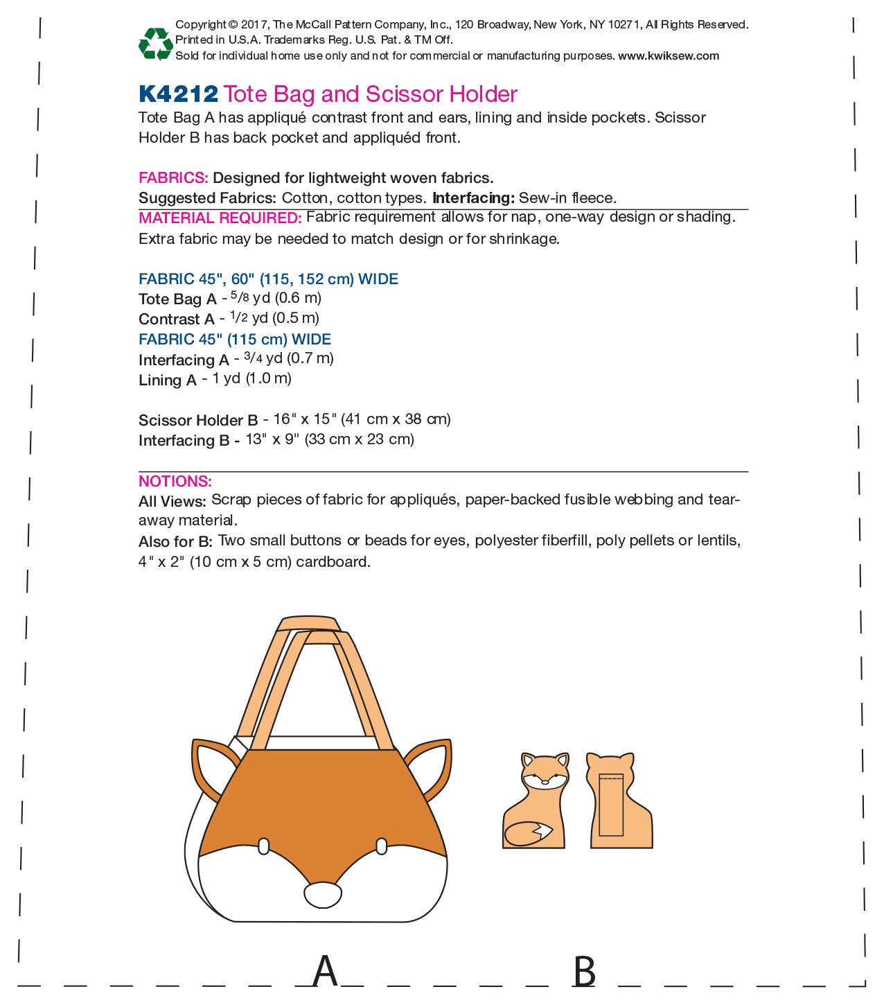 Mccall'S Kwik Tote Bag And Scissor Holder Front Sewing Pattern, One Size