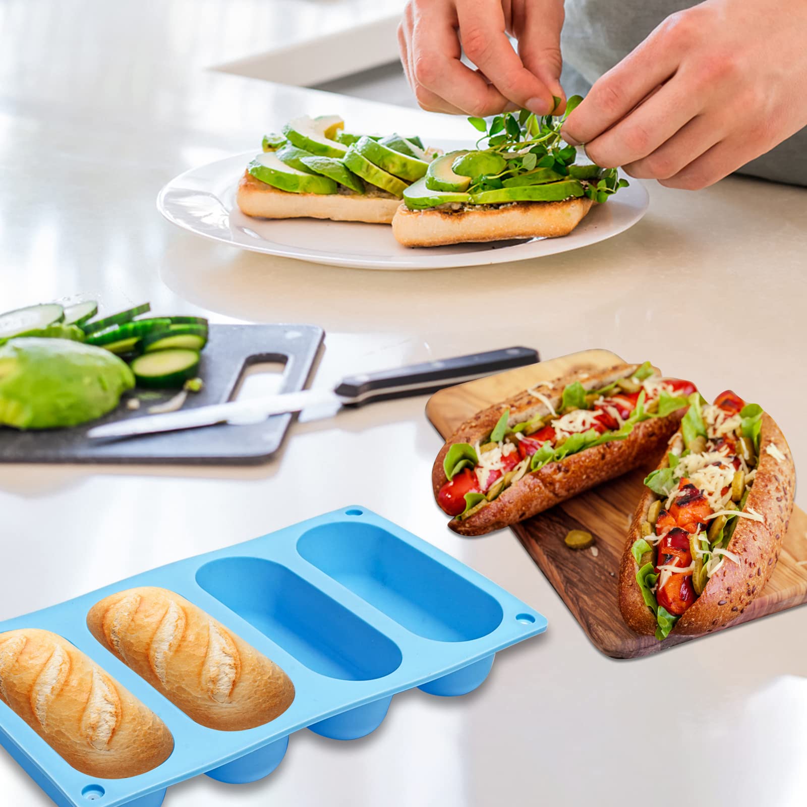 Canipha 2 Pack Hot Dog Bun Pan, Silicone Hot Dog Bun Molds Sausage Mold Nonstick & Heat Proof Baking Pan Bread Mold For Homemade