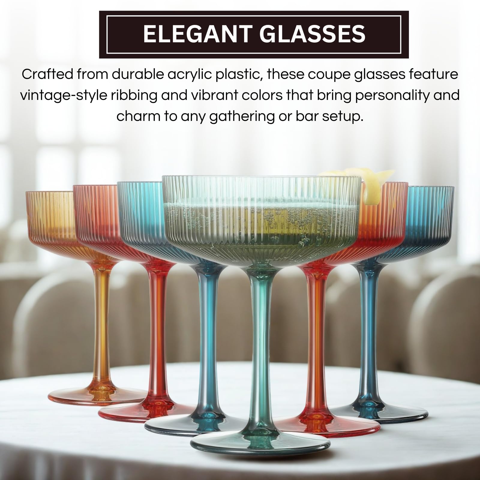 Shatterproof Acrylic Ribbed Vintage Art Deco Martini Set of 6