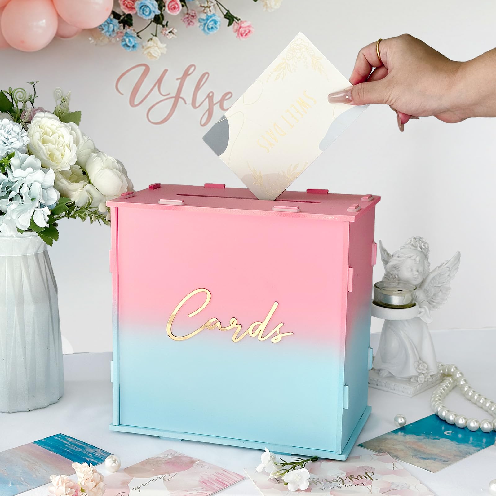 OurWarm Pink and Blue Wedding Card Box, PVC Gift Card Box for Wedding Reception Decorations, Money Gift Boxes with Gold Letters