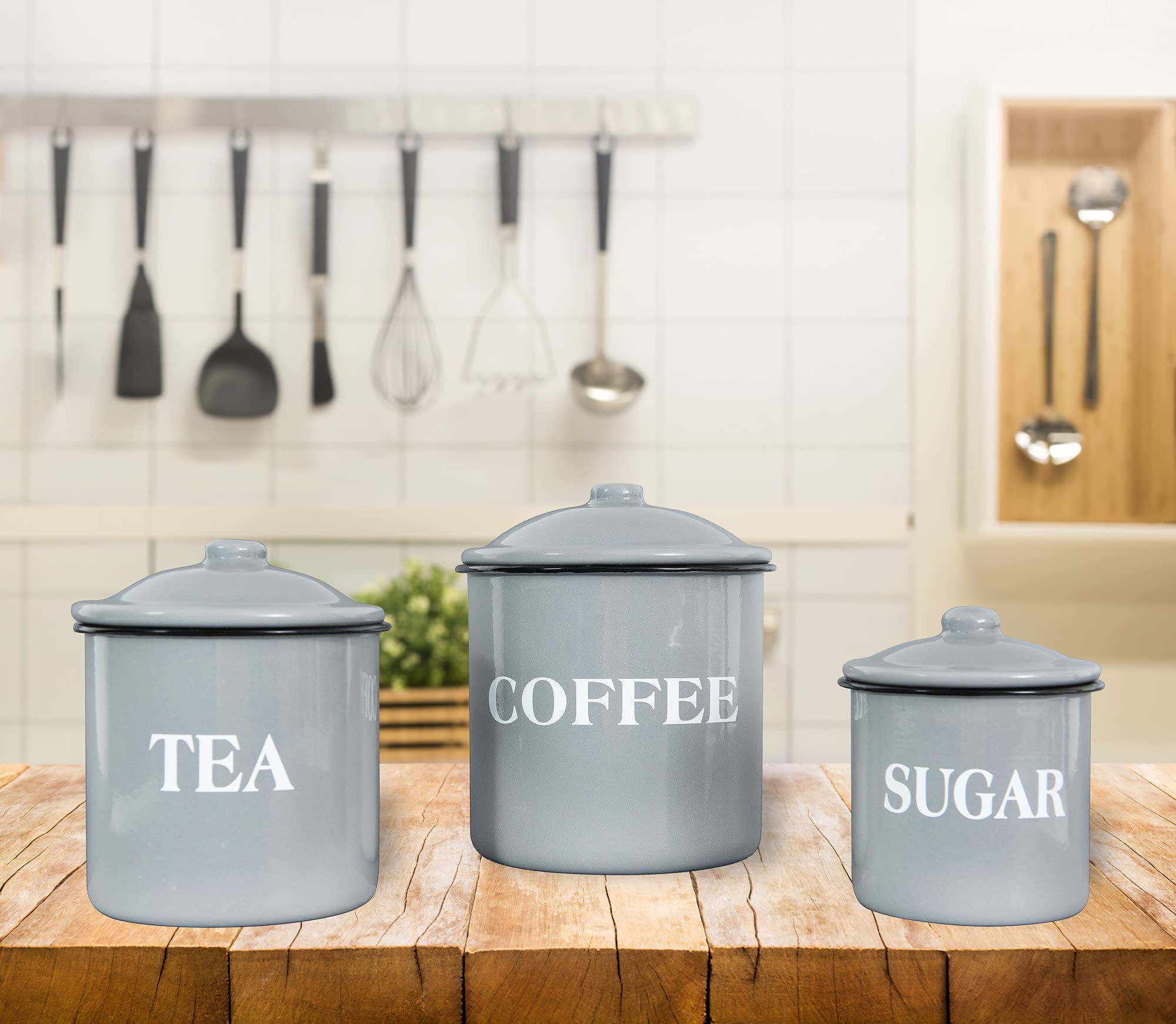 Creative Co-Op Metal Containers With Lids, ''Coffee'', ''Tea'', ''Sugar'' (Set Of 3 Sizes/Designs),Grey