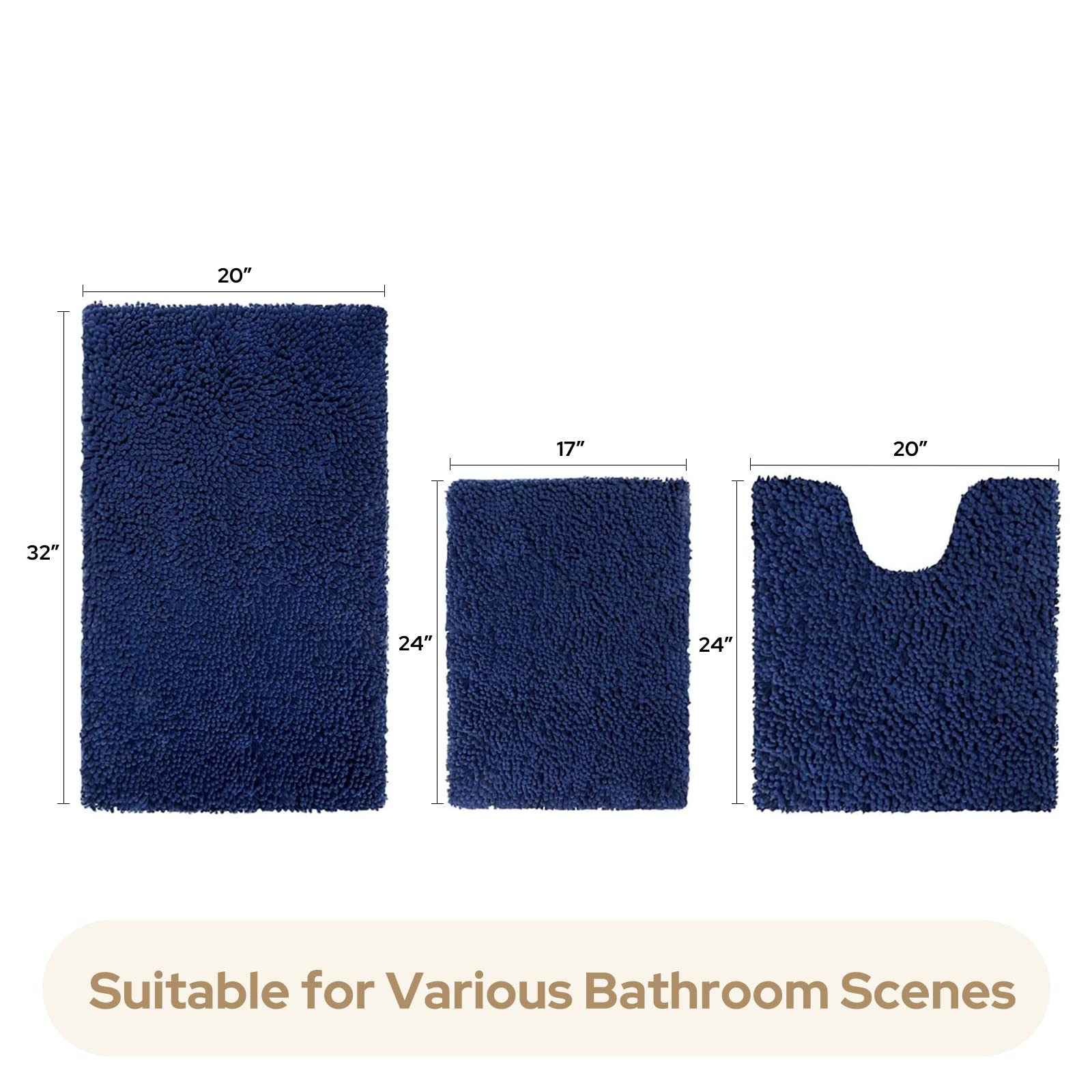 HOMEIDEAS 3 Pieces Bathroom Rugs  Ultra Soft Non Slip Absorbent Chenille Toilet Bath Mat Set (Navy Blue)