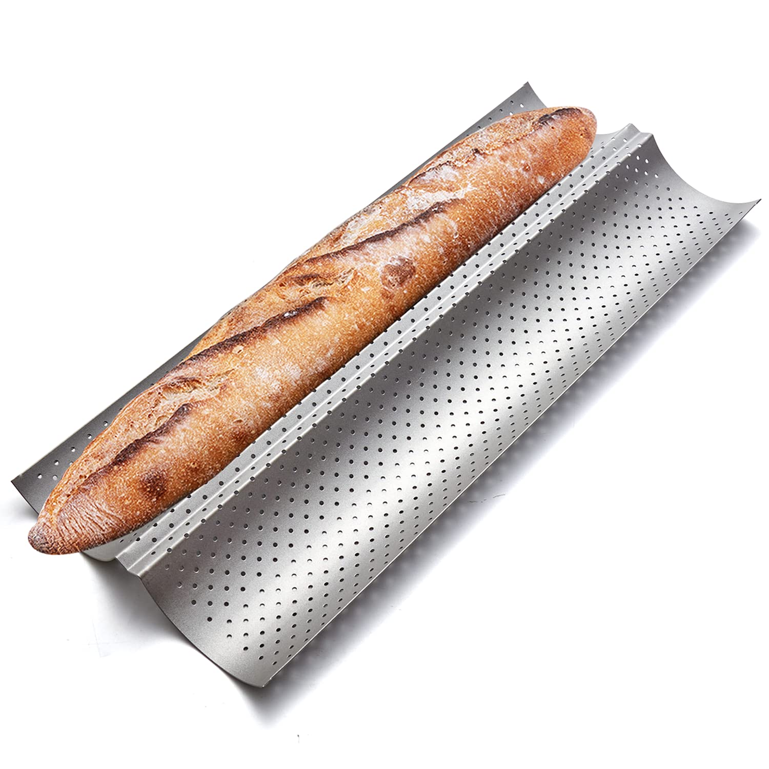 KITESSENSU Nonstick Baguette Pans for French Bread Baking, Perforated 2 Loaves Baguettes Bakery Tray, 15 x 6.3, Silver