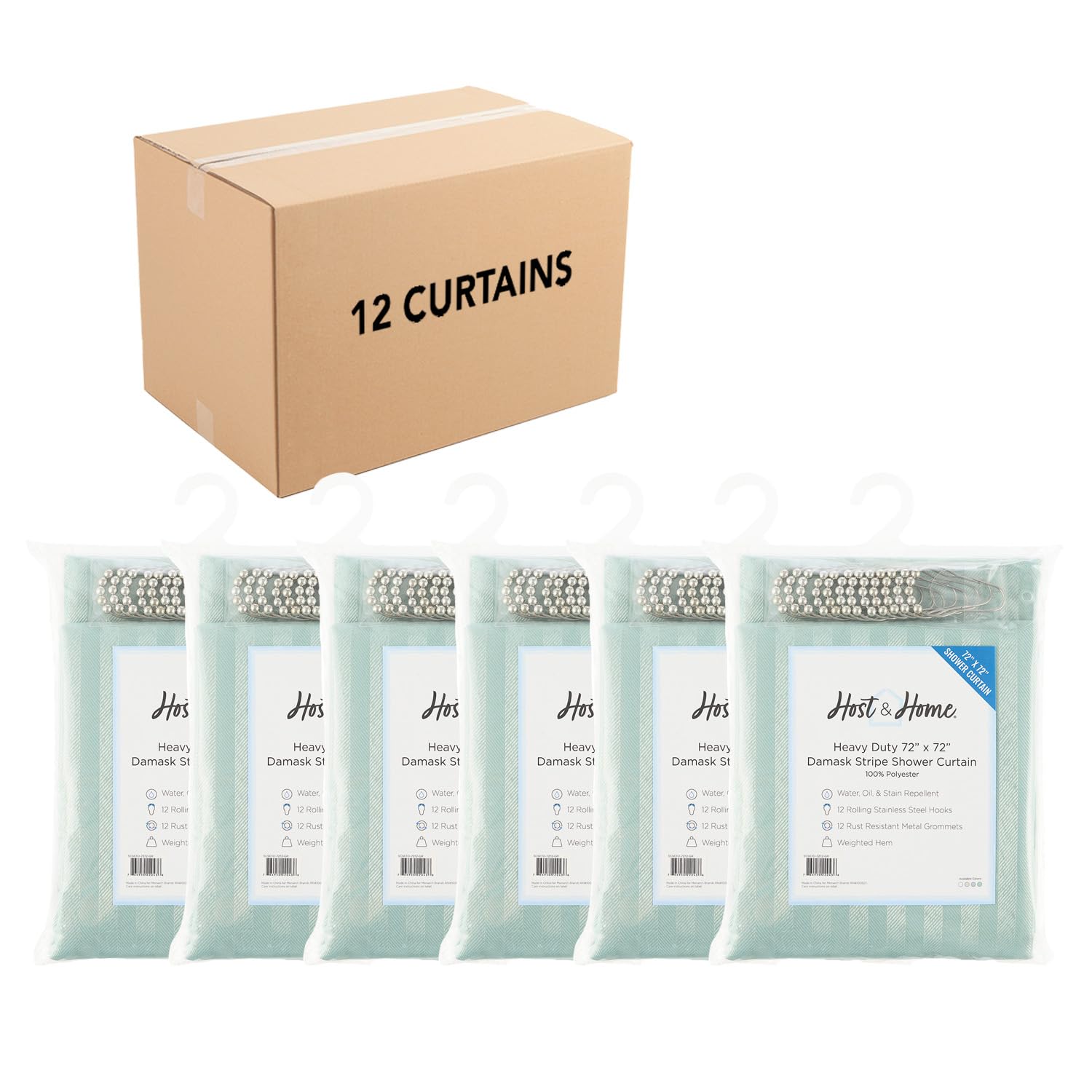 Arkwright Bulk Shower Curtain Set - Case Of 12 - Stainless 12 Metal Hooks, Modern Damask Woven Washable Fabric With Weighted Hem