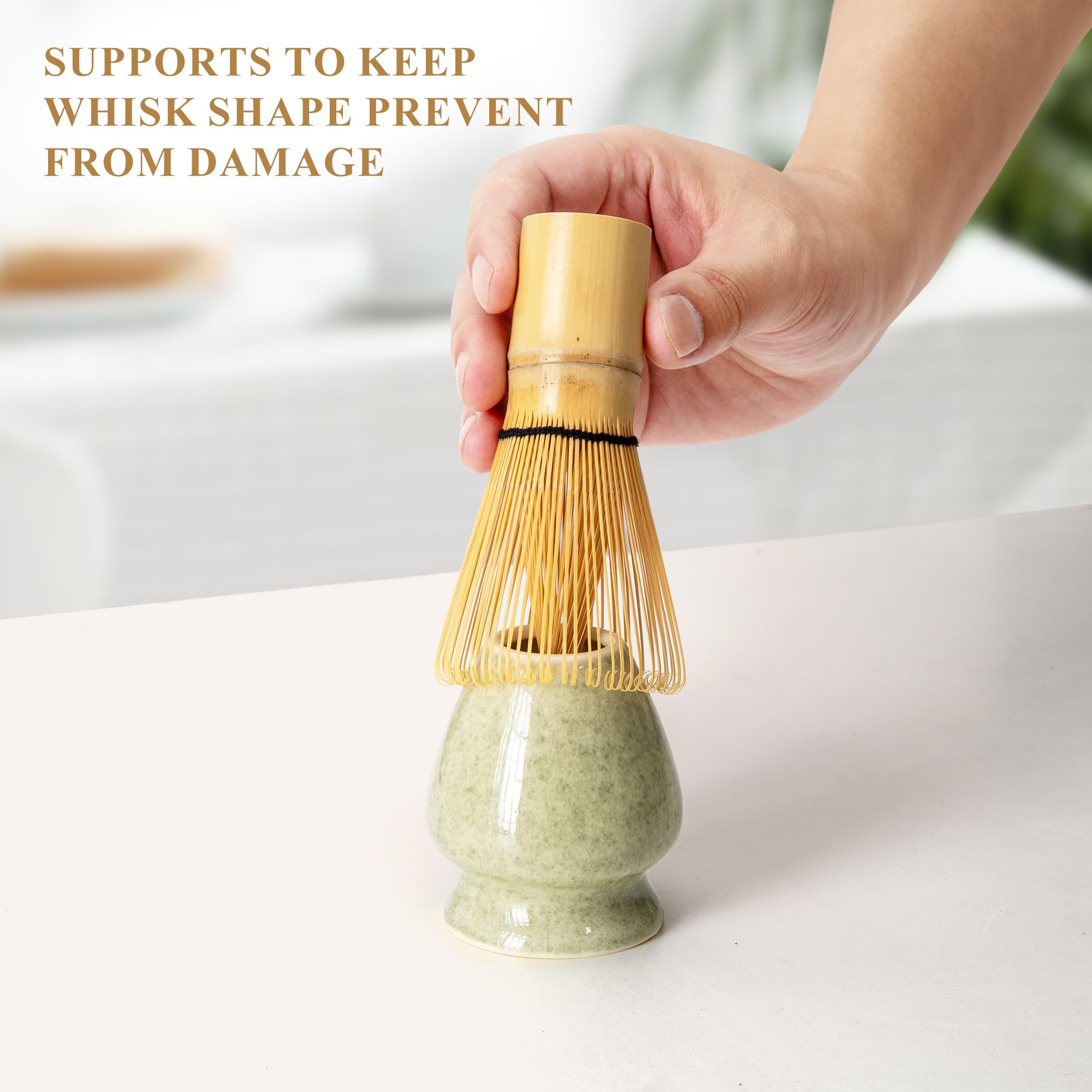 Matcha Whisk Set, Matcha Making Kit Whisk (Chasen Holder), Ceramic Whisk Holder (Mottled Green), Bamboo Scoop, Powder Starter Si