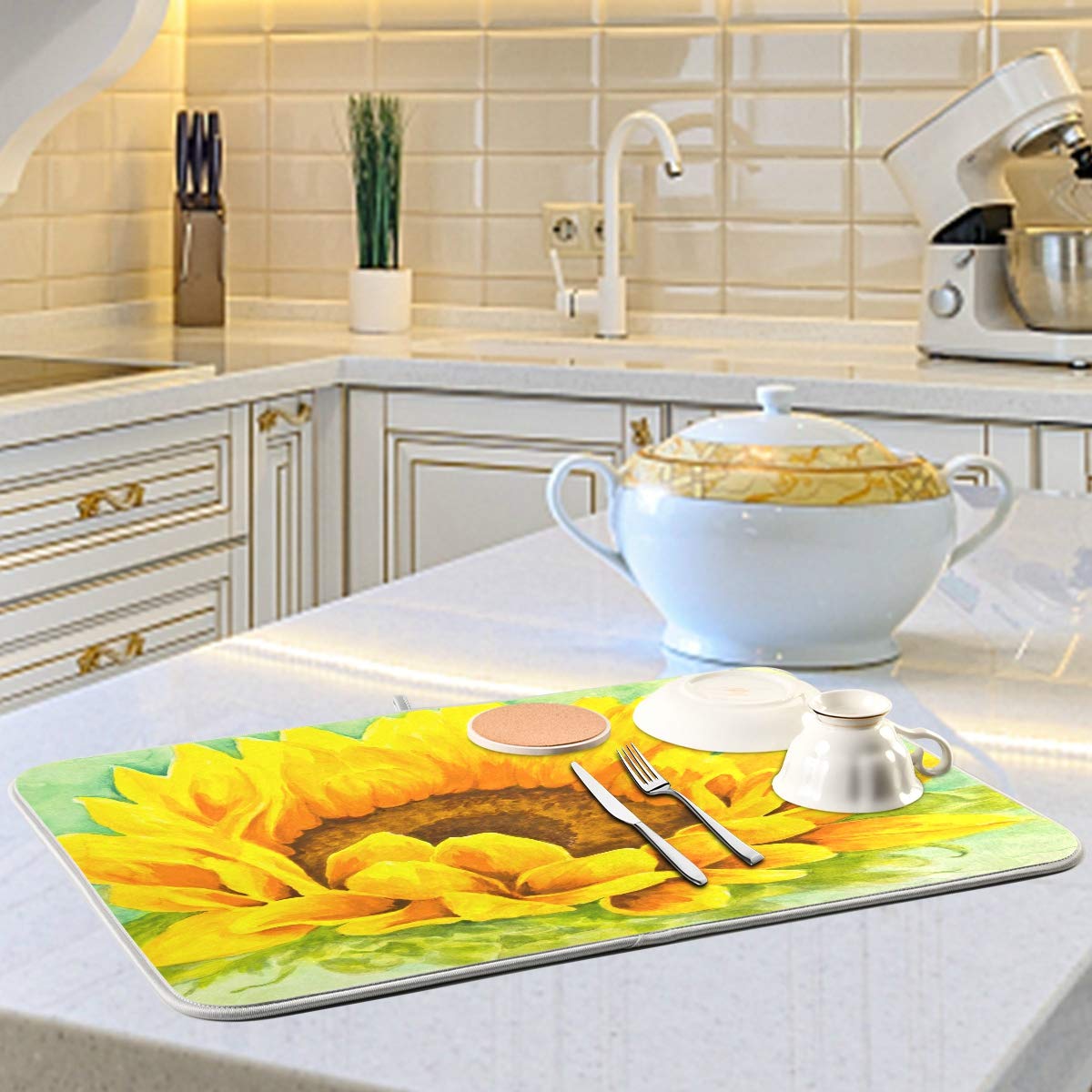 Yellow And Orange Sunflower Dish Drying Mat For Kitchen, Absorbent Microfiber Drying Pad Dish Mat, 24'' X 18''