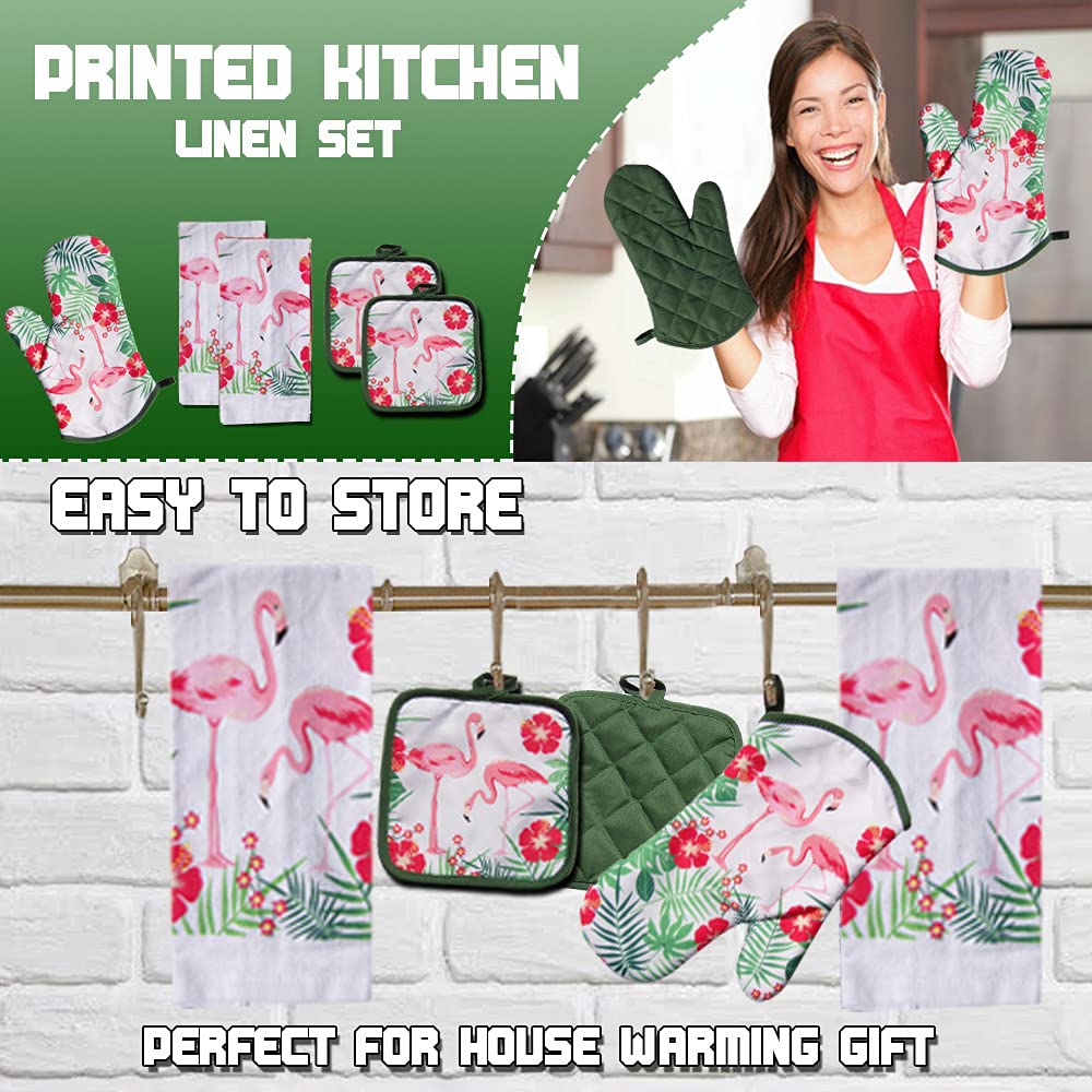 Lobyn Value Packs - 5 Piece Tropical Kitchen Towel Set: Features Flock Of Pink Flamingos, 2 Decorative Dish Towels, 1 Oven Mitt,