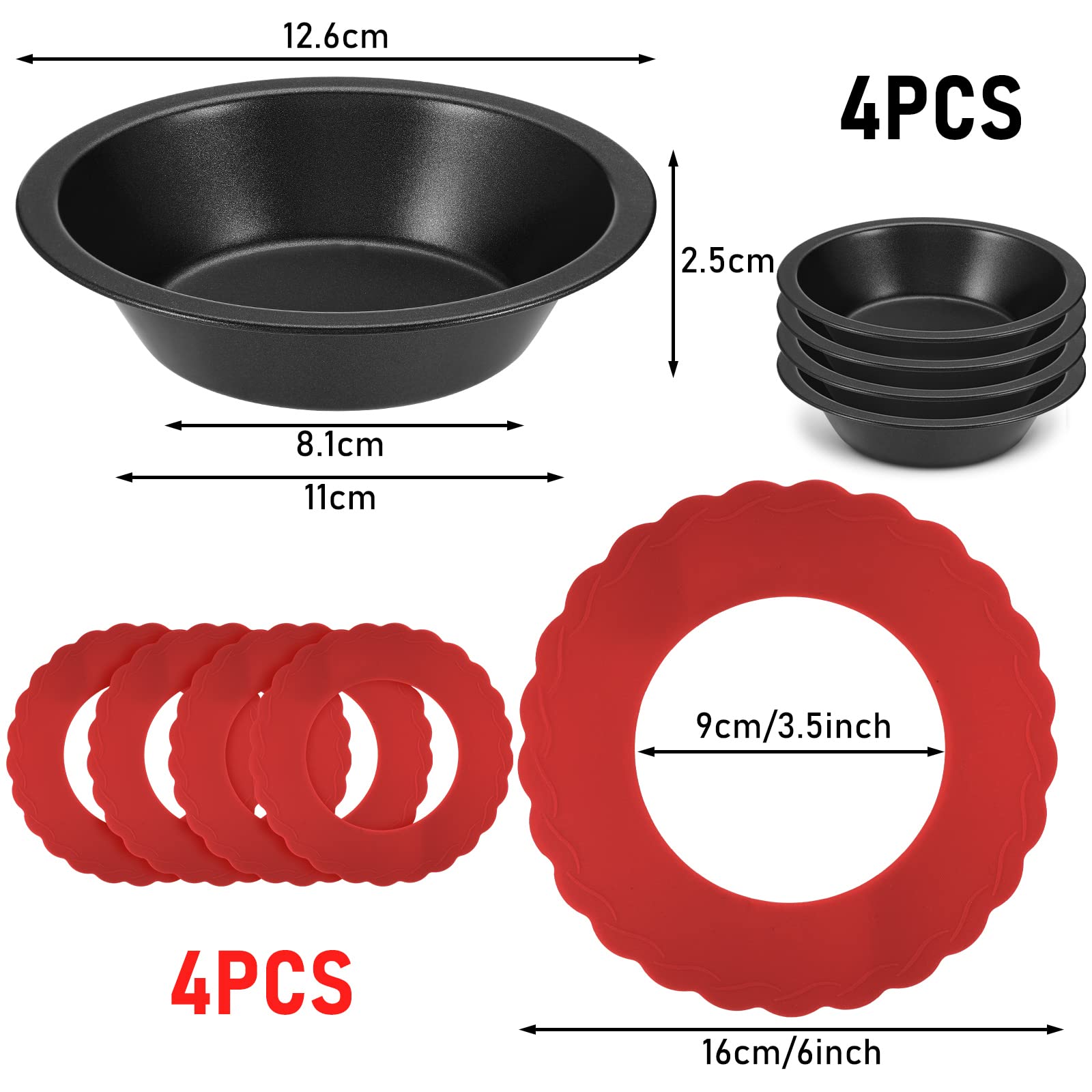 Meanplan Set of 8 Pie Dishes - 4 Mini Nonstick 5" Pans & 4 Silicone Protectors, Red & Black, Model LO-Meanplan-09856