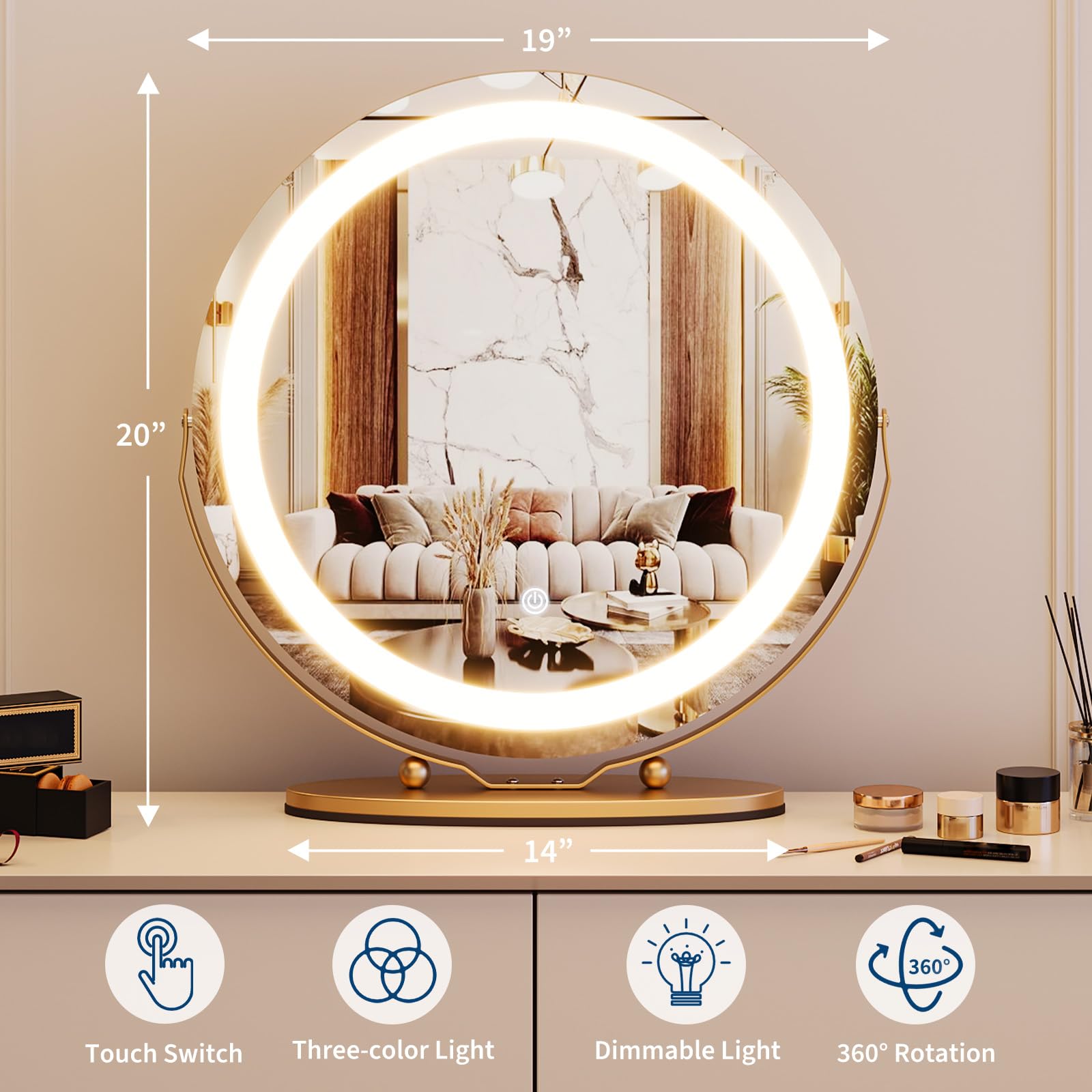 Garveehome 19 Inch Vanity Mirror With Lights, Round Large Led Vanity Mirror With Smart Touch 3 Colors Dimmable, Touch Lighting,