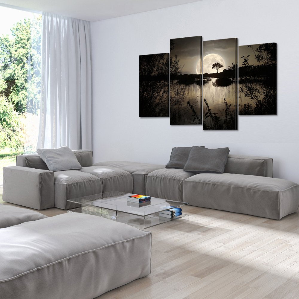 Kreative Arts - 4 Pieces Canvas Prints Wall Art Big Moon Over Lake In Dark Forest Modern Canvas Painting Landscape Picture Peace