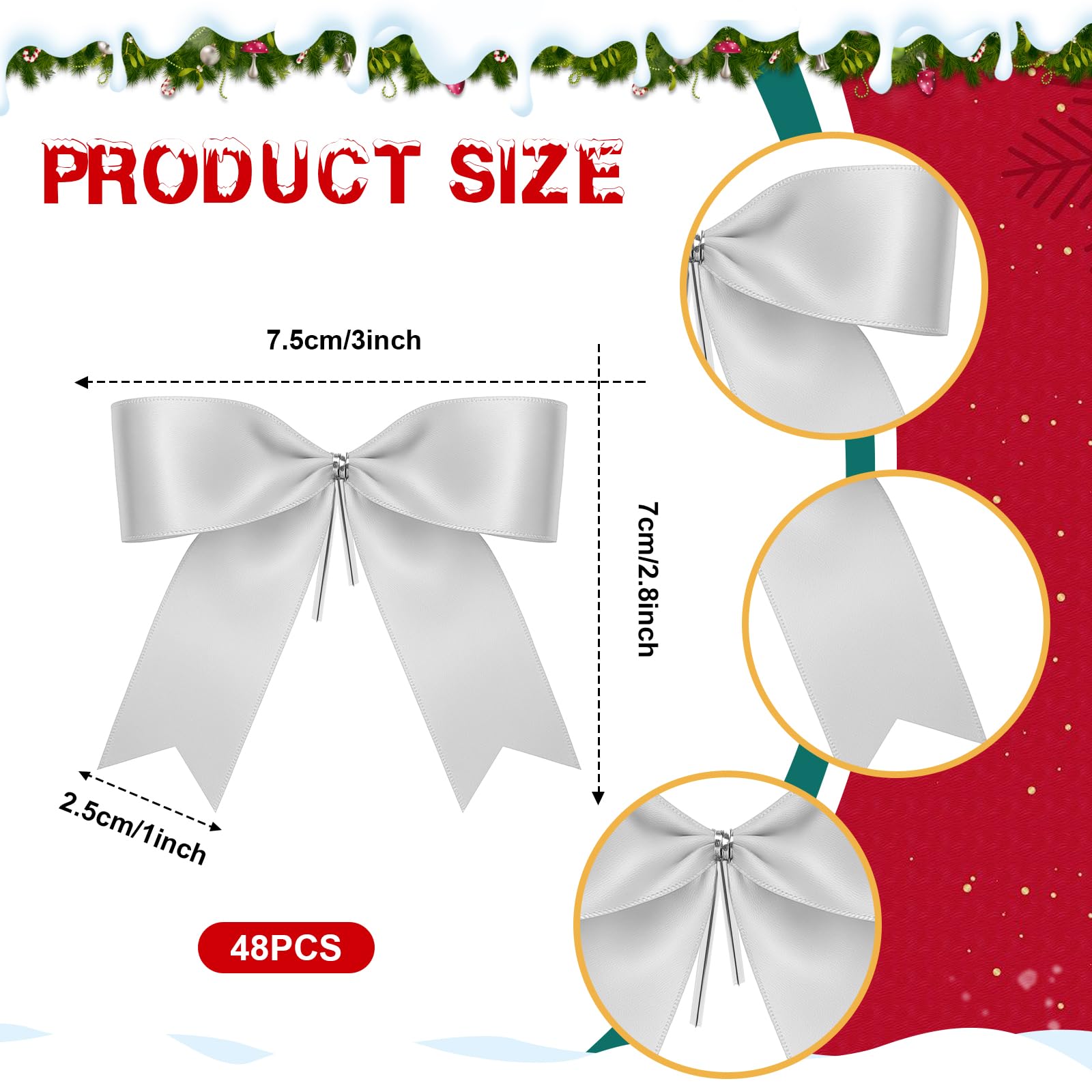 Sumind 48 Pieces Christmas Bow Mini Sliver Ribbon Bow Tie 3 Wreath Ornaments for Christmas Tree Xmas Decoration