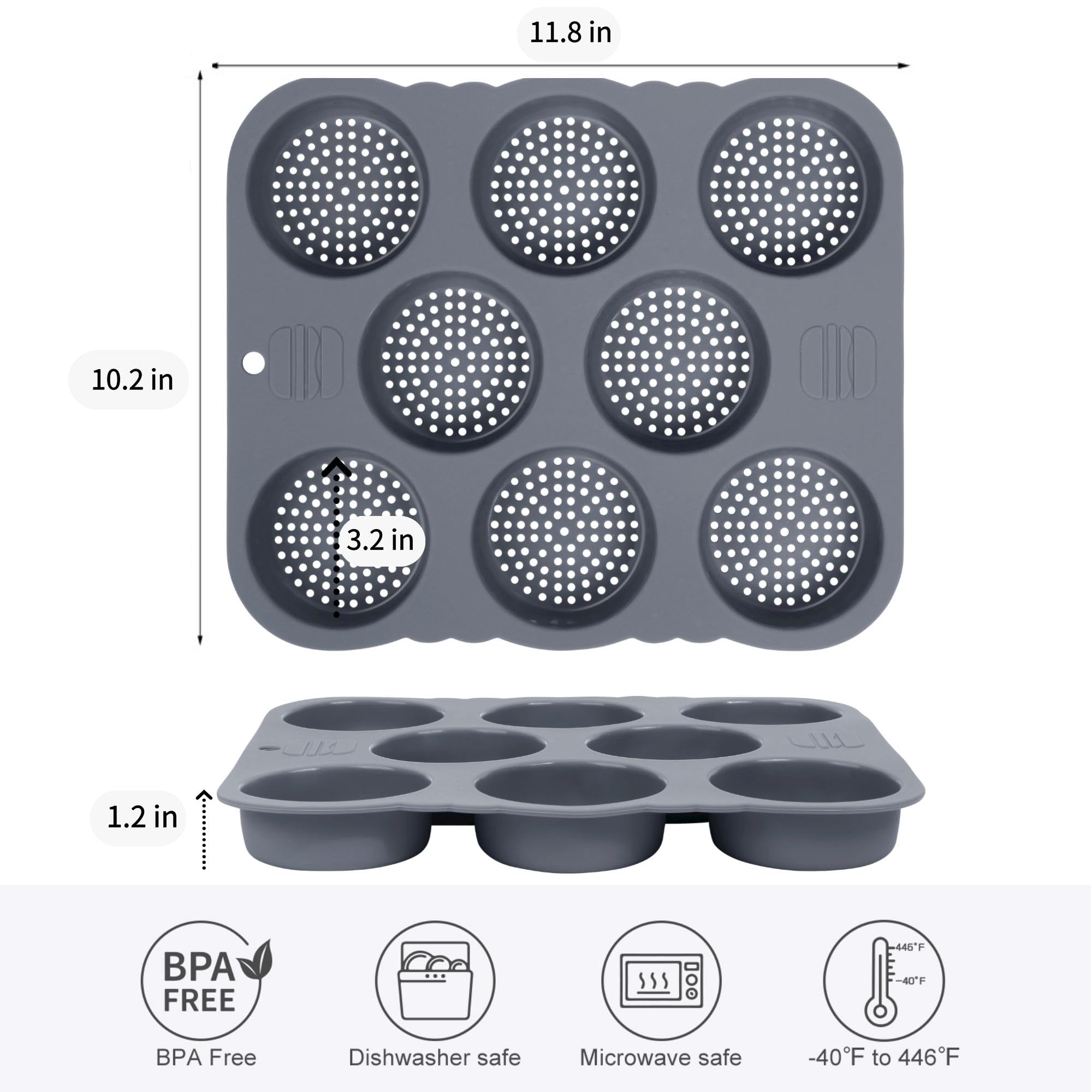Chicrinum Hamburger Bun Pan, Non-Stick Food Grade Silicone Bread Loaf Pan, 8 Cavity Perforated Hamburger Bun Mold Baking Pan For