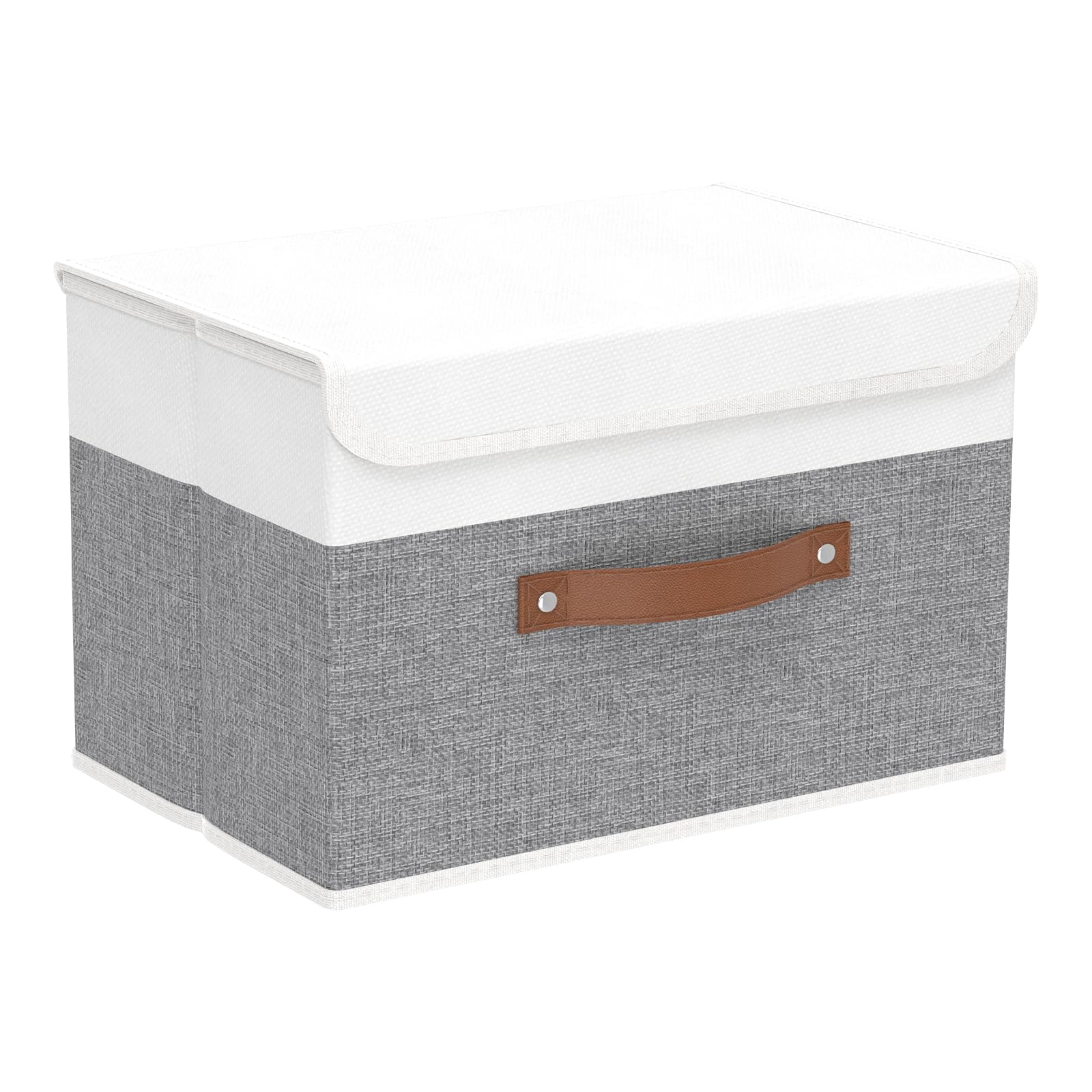 Yawinhe Collapsible Storage Boxes 1 Pack  Linen Fabric Storage Baskets Washable  with Lids and Leather Handle  for Home Bedroom Closet Office  (White/Grey  15.0x9.8x9.8in)  USNK024WGL-1