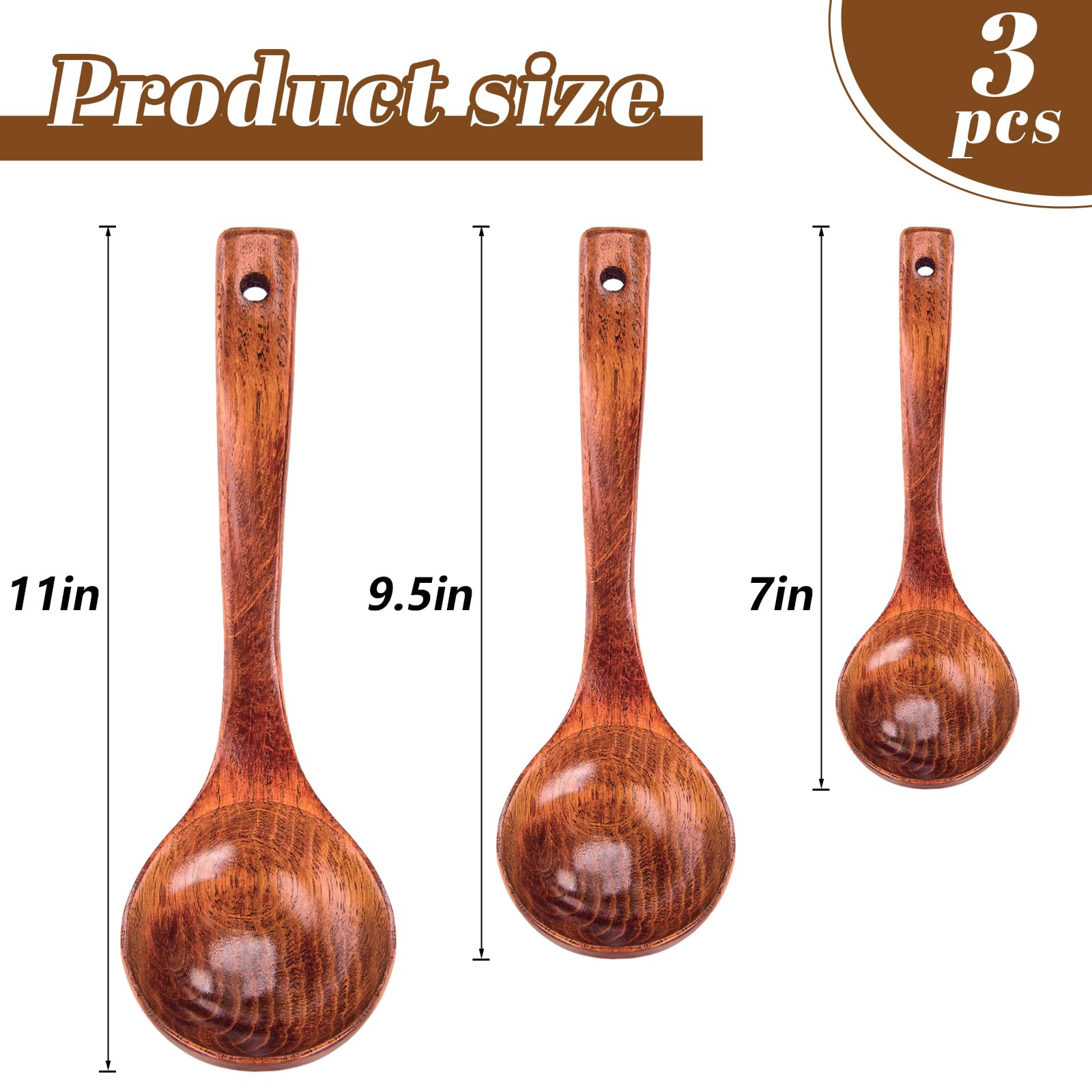 Hansgo 3Pcs Wooden Ladle Spoon Set, Non-Stick Wooden Spoons Soup Cooking Spoons Natural Teak Wood Kitchen Utensils For Cooking S