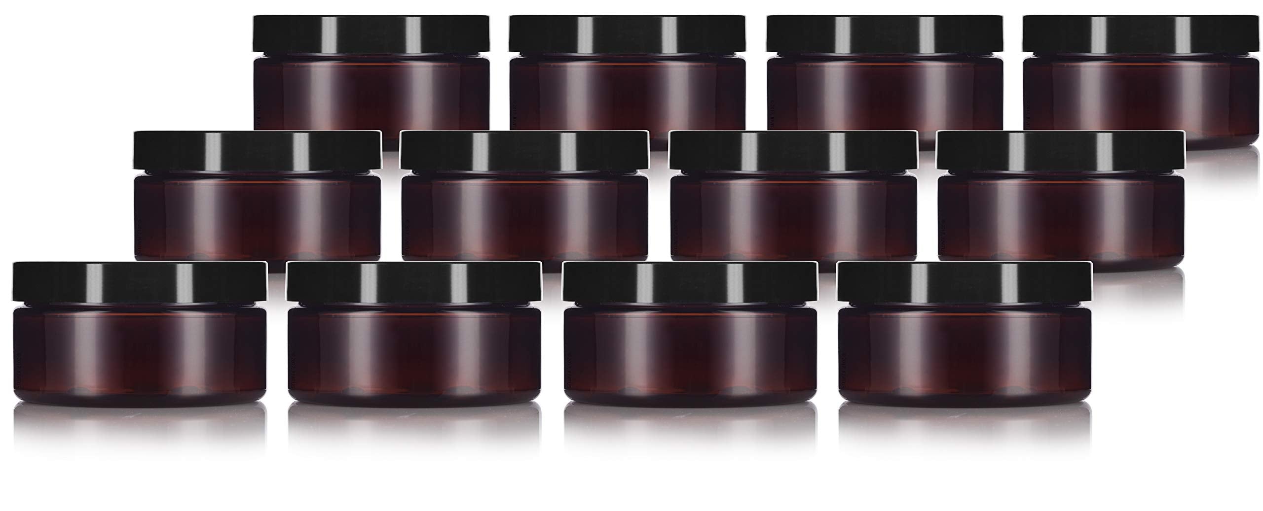 8 Oz Amber Pet Plastic Refillable Low Profile Jar Black Smooth Lid (12 Pack)