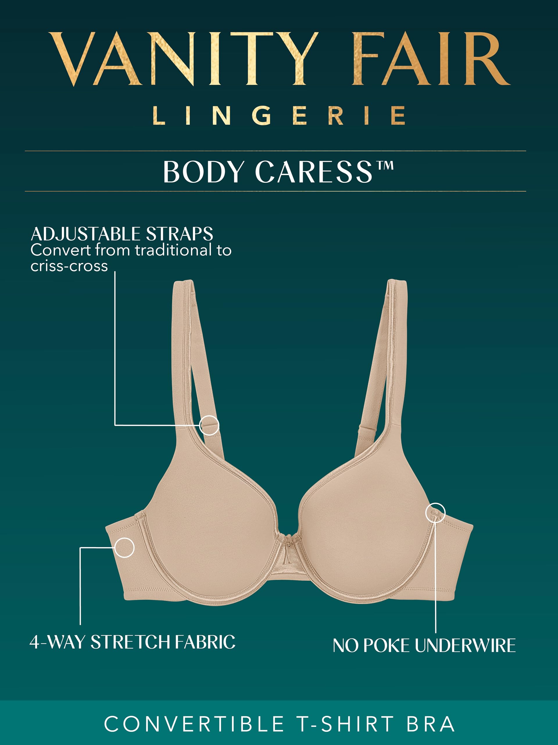 Vanity Fair Womens Body Caress Full Coverage Underwire Bra 75335, Midnight Black, 42C