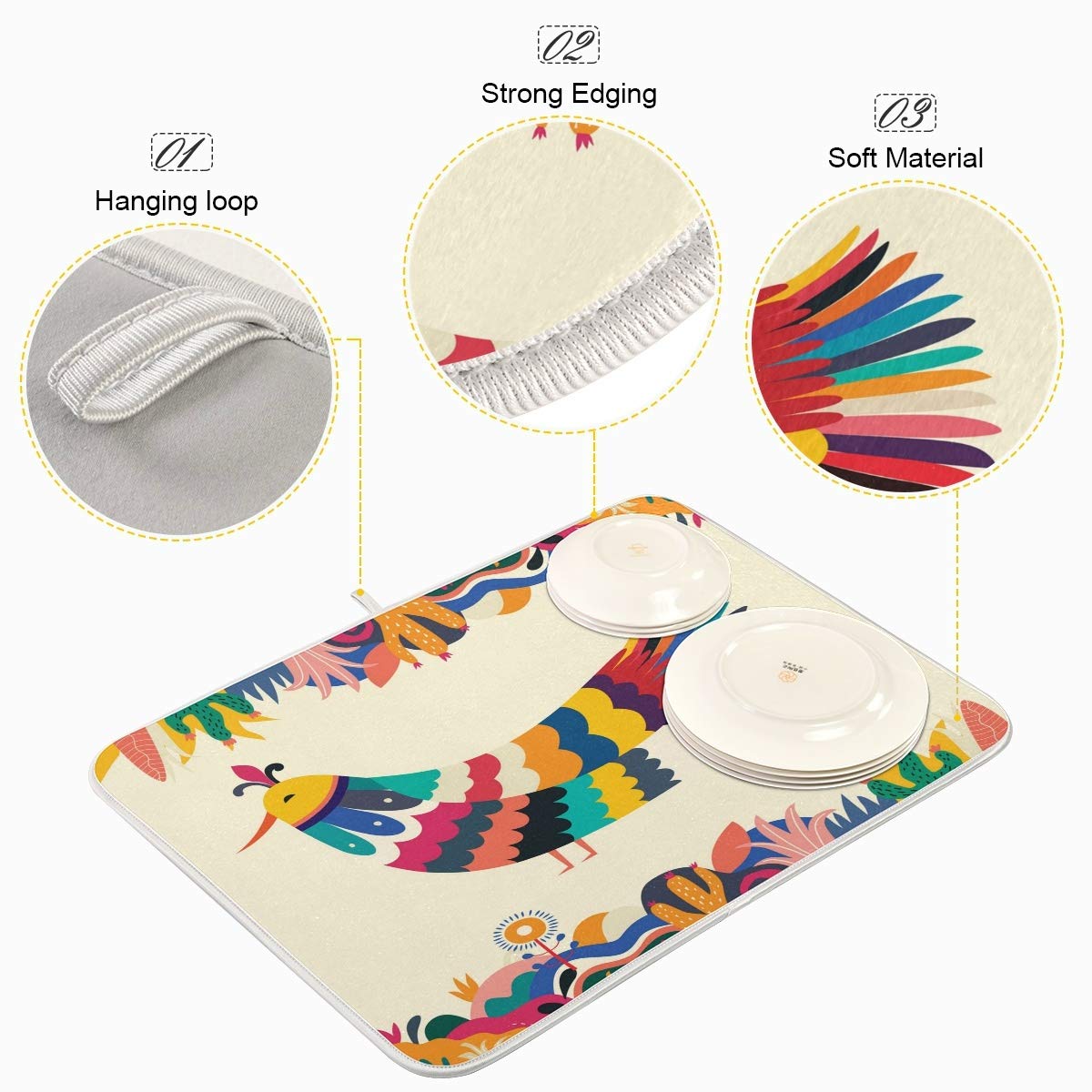 Colorful Mexican Design Stylish Artistic Bird Dish Drying Mat For Kitchen, Absorbent Microfiber Drying Pad Dish Mat, 24'' X 18''