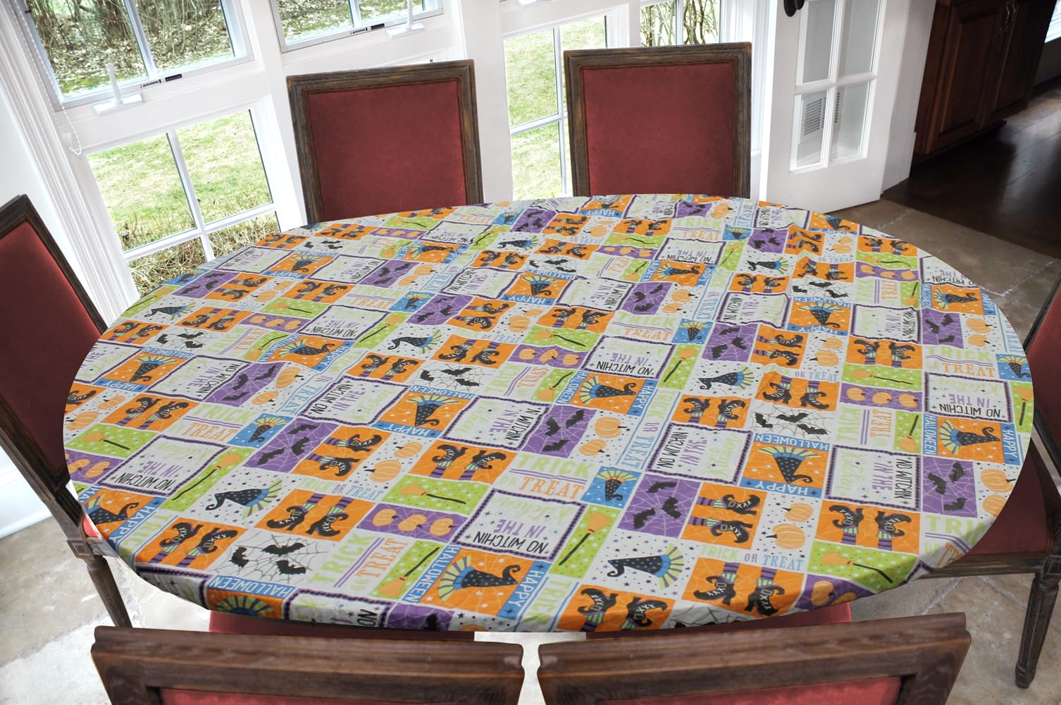 Covers For The Home Deluxe Elastic Edged Flannel Backed Vinyl Fitted Table Cover - Halloween Witchy Patchwork - Oblong/Oval - Fi