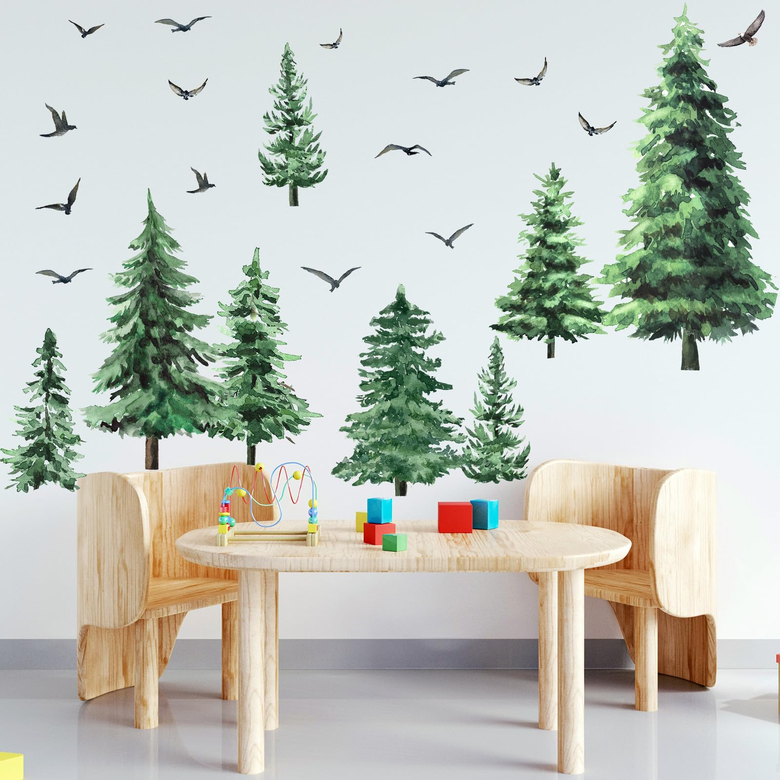 Qilery Watercolor Pine Tree Wall Decals Large Peel and Stick Forest Wall Decal Woodland Branch Birds Sticker Christmas Tree Stic