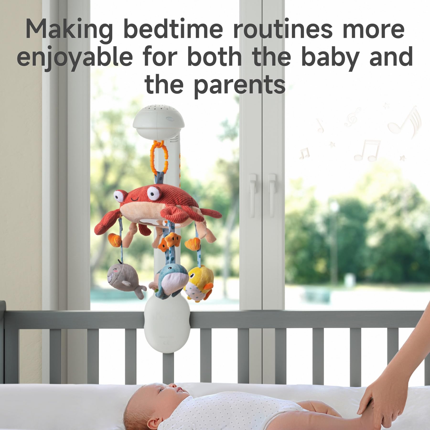 Tumama Baby Crib Mobile with Projection Night Light, Music and White Noise, Soft Plush Mirror Hanging Toys, Mute Spin Motor Nurs