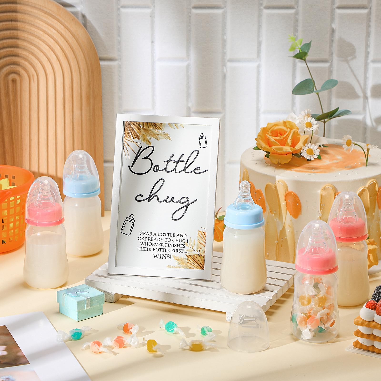 Roowest Bottle Chug Baby Shower Game Favors Including Boho Theme Bottle Chug Game Wooden Sign And 18 Pcs Pink Blue Baby Bottles