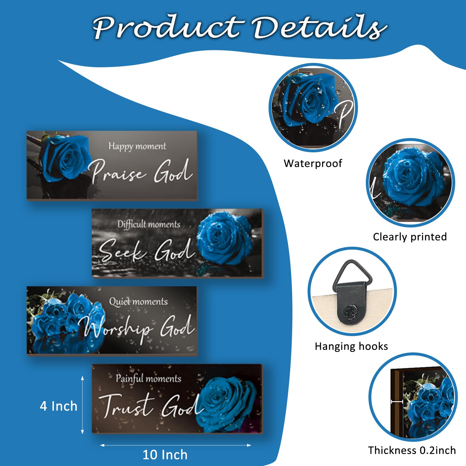 ONIZHITY 4 Pcs Blue Bathroom Decor Religious Wall Art Bible Verse Inspirational Navy Blue Rose Wall Decor Rustic Wooden Christia
