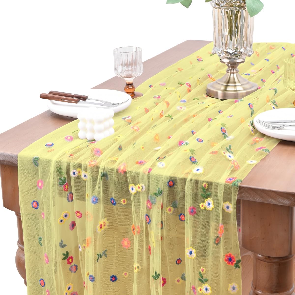 Joanlody 3pcs Yellow Embroidery Daisy Fall Thanksgiving Table Runner Florals Seasonal Tulle Table Runner Holiday Kitchen Dining 