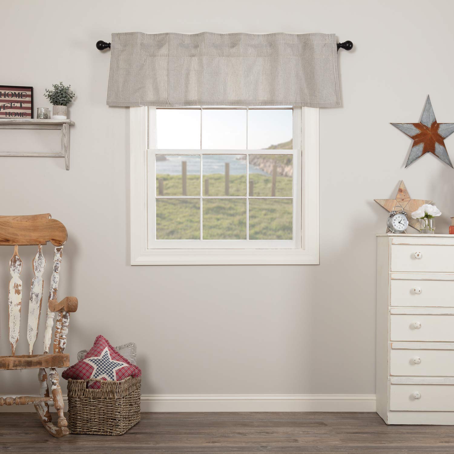 VHC Brands Hatteras Seersucker Ticking Striped Cotton Americana Kitchen Curtains Rod Pocket Hanging Loops 16x60 Valance, Denim B