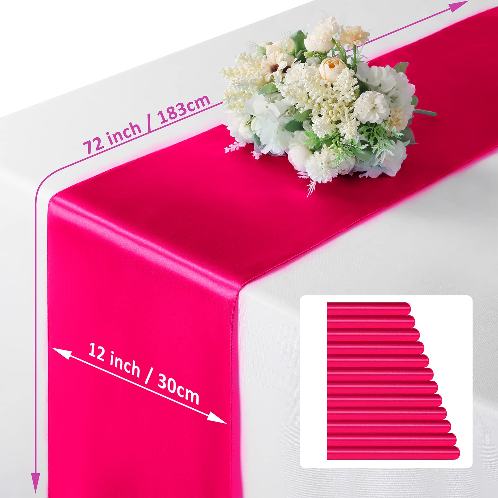 Manyshofu 12Pcs Satin Hot Pink Table Runner - 12 x 72 Inch Long Size  Party Table Runner Decor Bright & Smooth Wedding Decorations Table Runner for Banquet Chef Birthday Buffet Dinner Graduations