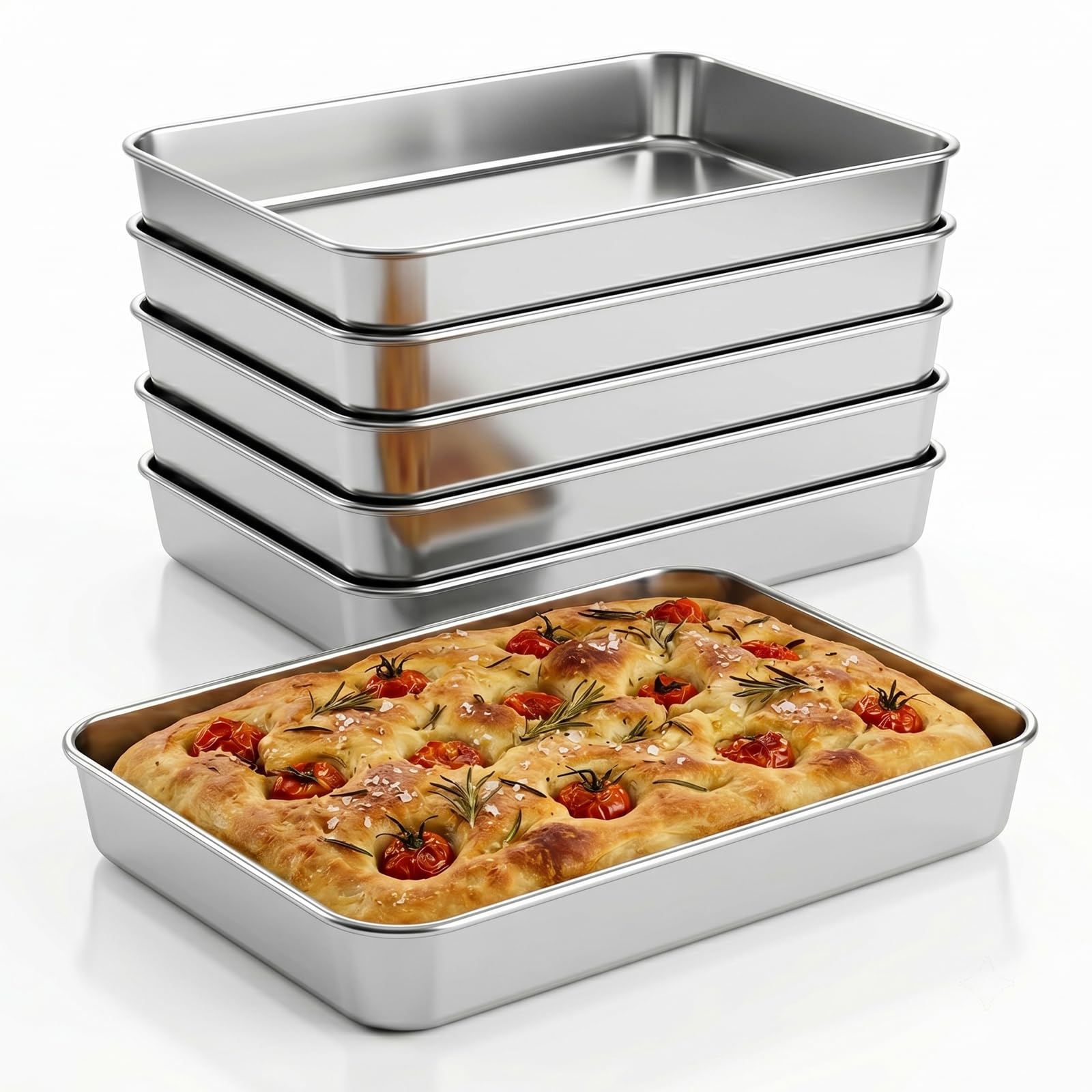 Leonyo 9.3 x 7 Inch Bakeware Cake Pan Set of 6, 2 Inch Deep Lasagna Pan, Rectangle Stainless Steel Baking Tray Sheets for Baking