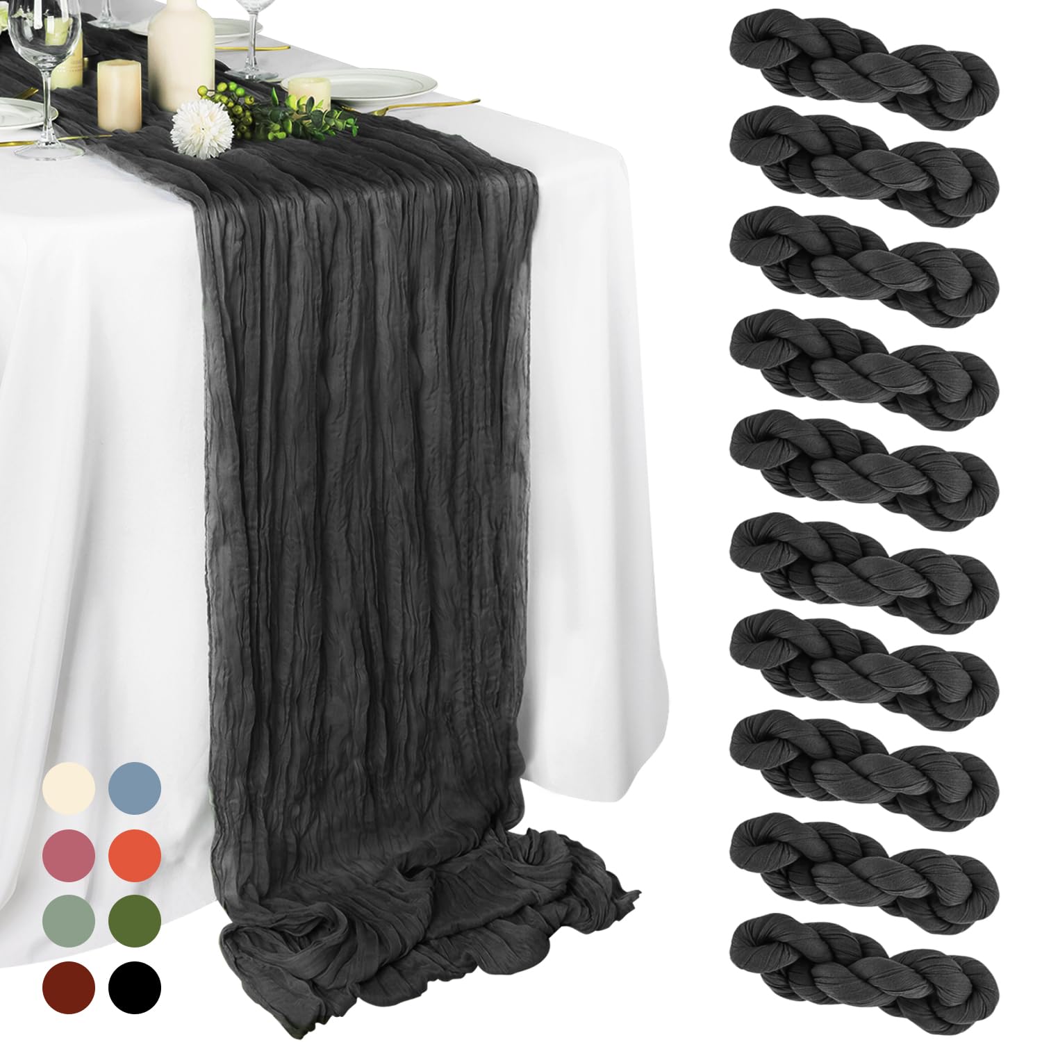 10 Pack Black Halloween Table Runner Sheer Gauze Cheese Cloth Table Runner 10Ft Long Goth Black Cheesecloth Table Runner For Wed