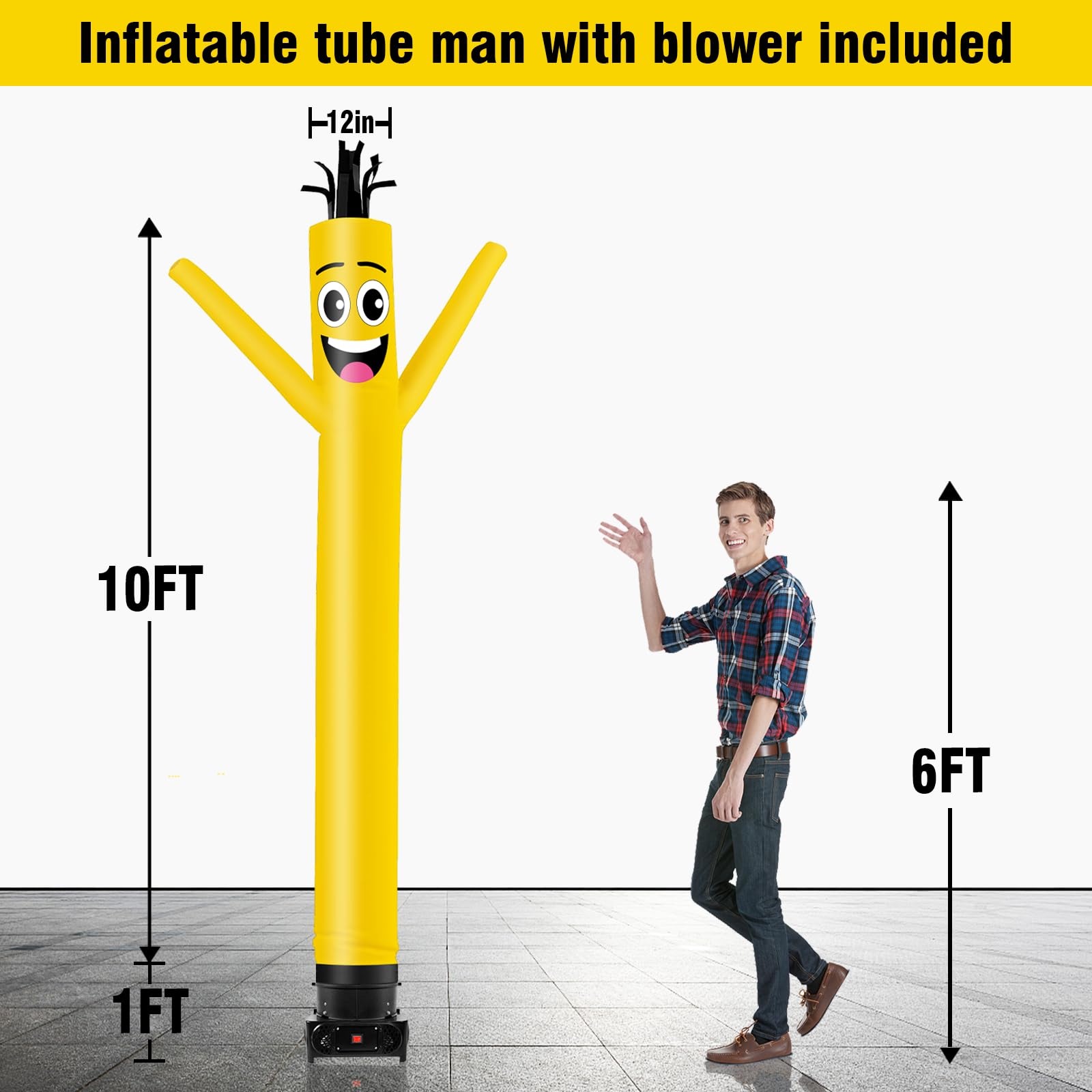 GOODENY 10FT Tall Inflatable Tube Man Wacky Wavy Dancing Guy with 3/4 HP Weather-Resistant Blower (12  Diameter) for Outdoor Dec