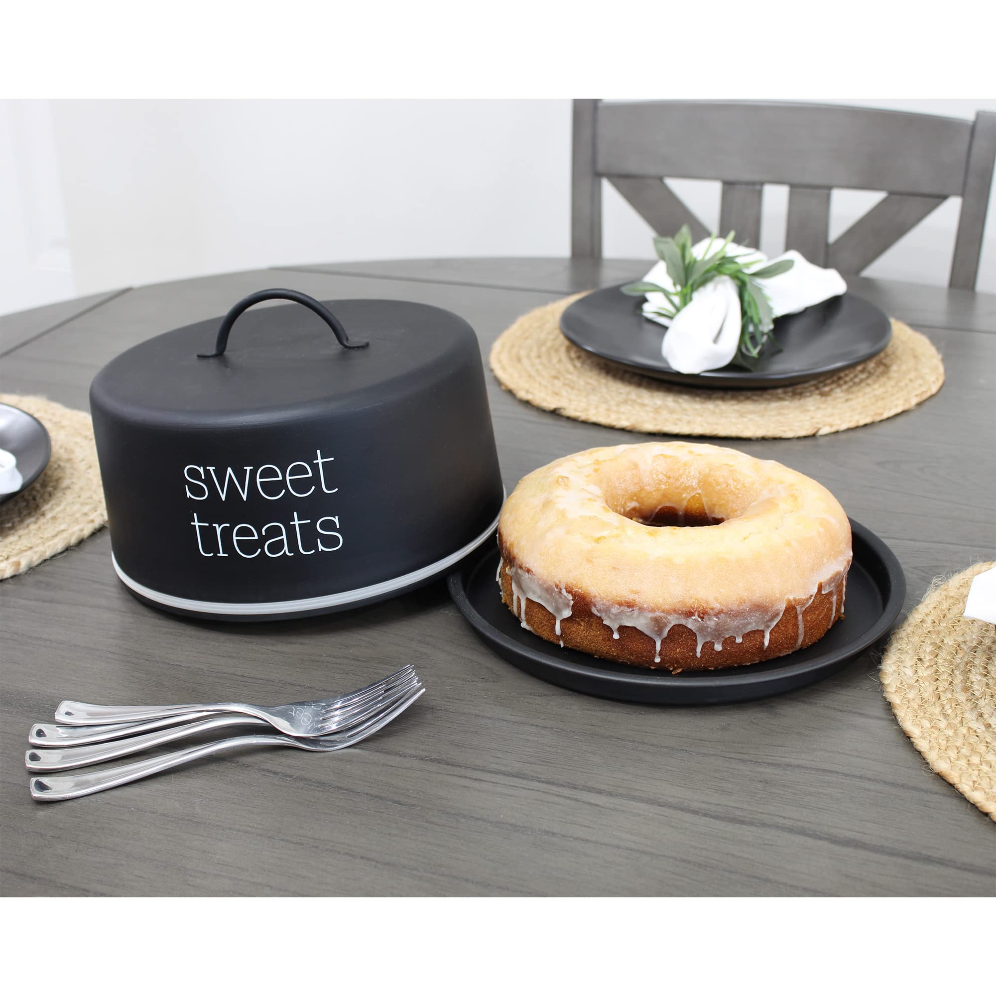 Auldhome Enamelware Black Cake Cover; Contemporary Style Dessert Plate With Domed Lid