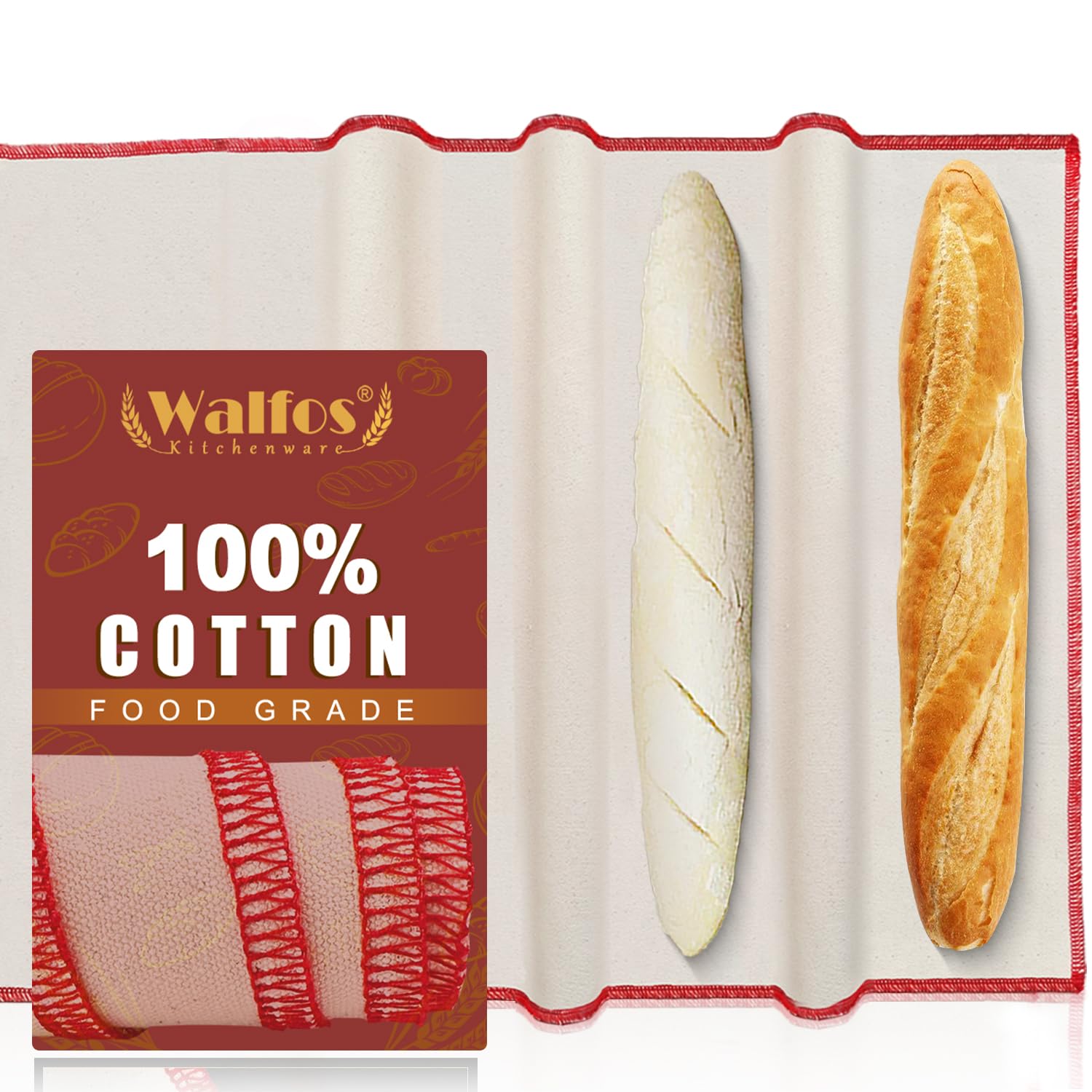 Walfos Professional Proofing Cloth, 29''X17'' Heavy Duty Bakers Dough Couche, Natural Cotton, Shaping Tool For Baguettes, Loaves