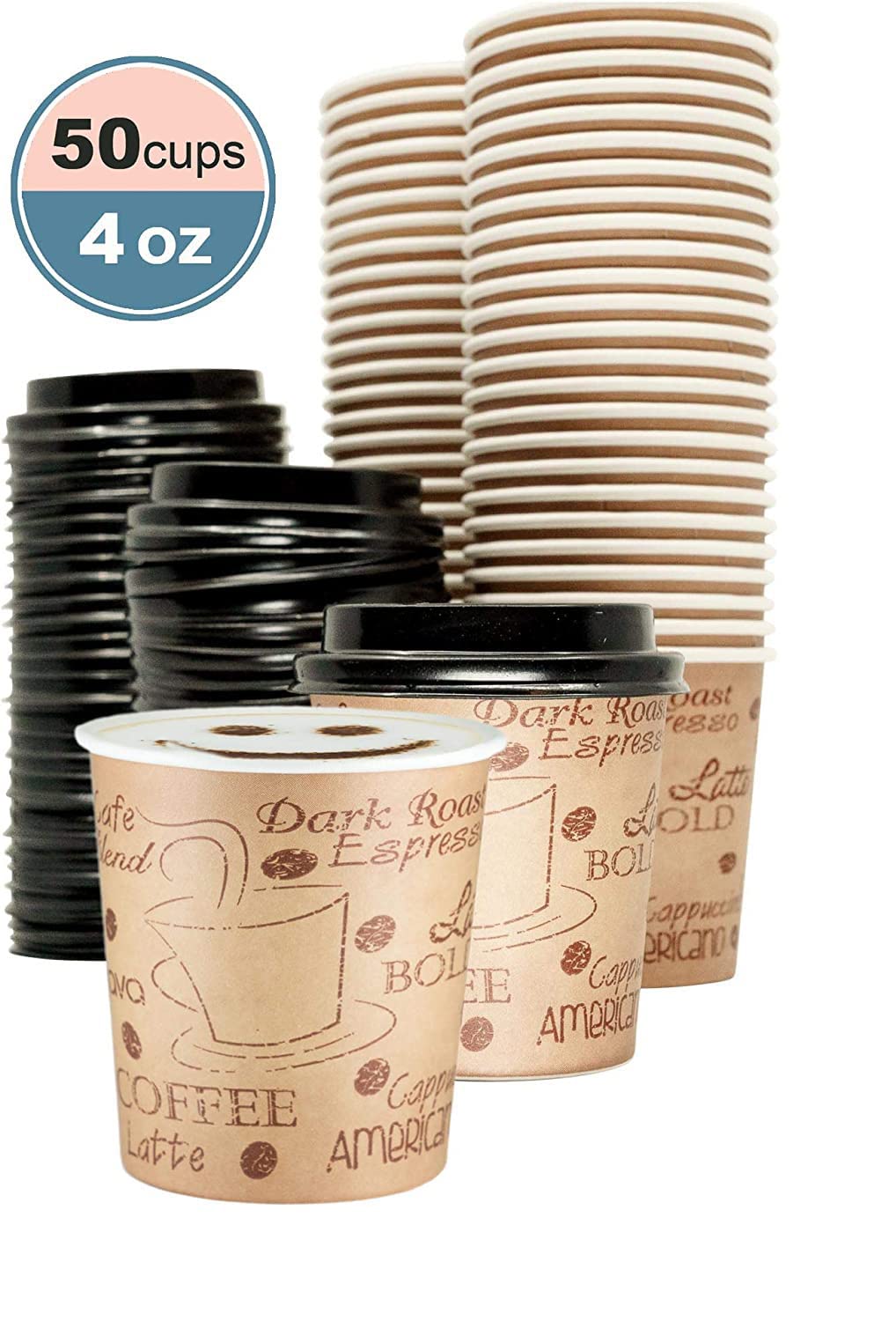 Ecodesign-Us 4 Ounce Disposable Espresso Paper Hot Cups With Black Lids - 50 Sets - Print - Small Portion Sample Shots (50, Prin