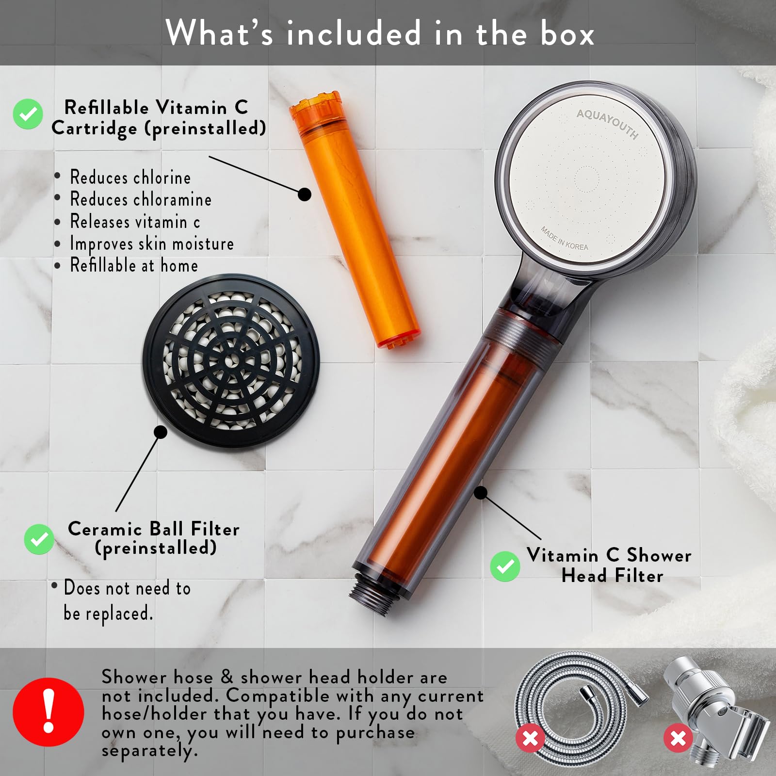 Aquayouth Vitamin C Handheld Shower Head | Built-In Vitamin C + Ceramic Balls Reduces Chlorine & Chloramine, While Improving Ski