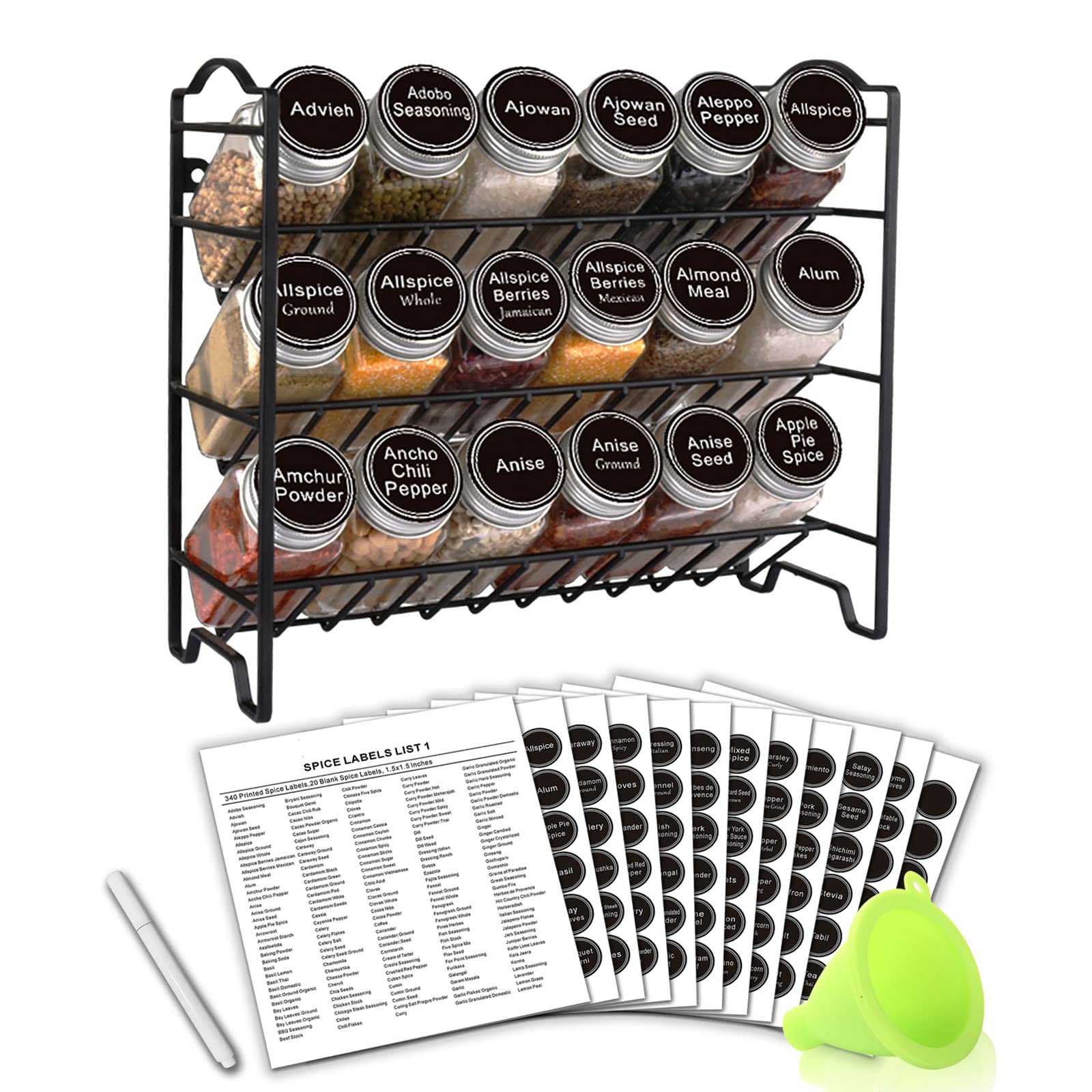 SWOMMOLY Spice Rack Organizer with 18 Empty Square Spice Jars, 396 Spice Labels with Chalk Marker and Funnel Complete Set, Spice