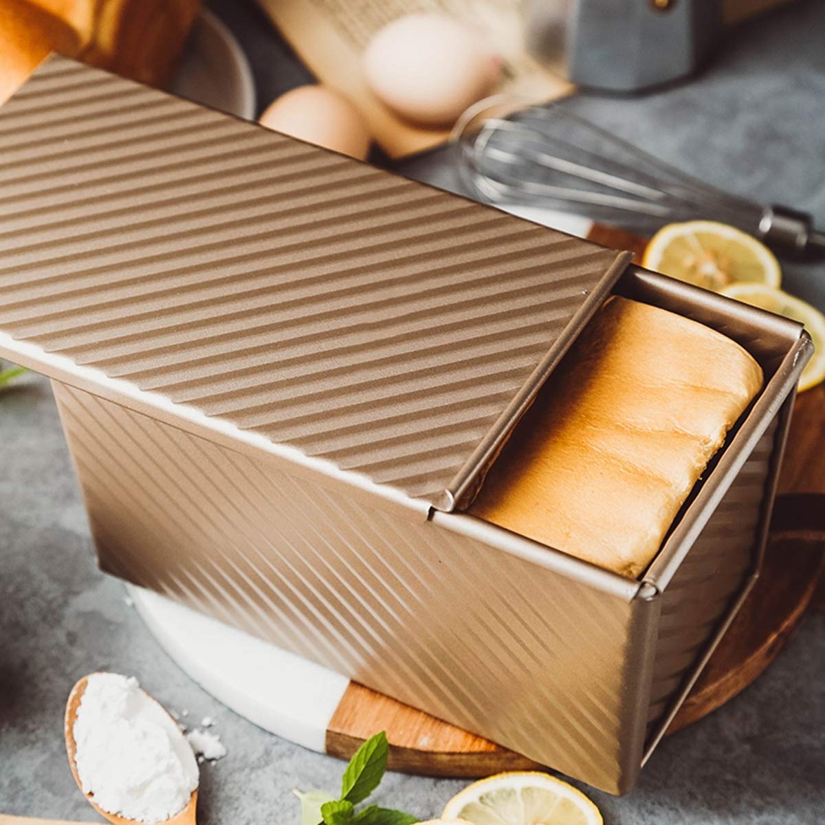 Kofebe Loaf Pan With Cover,Toast Box Mold Non-Stick Bakeware Carbon Steel Corrugated Baking Bread Pan,1Lb Dough Capacity