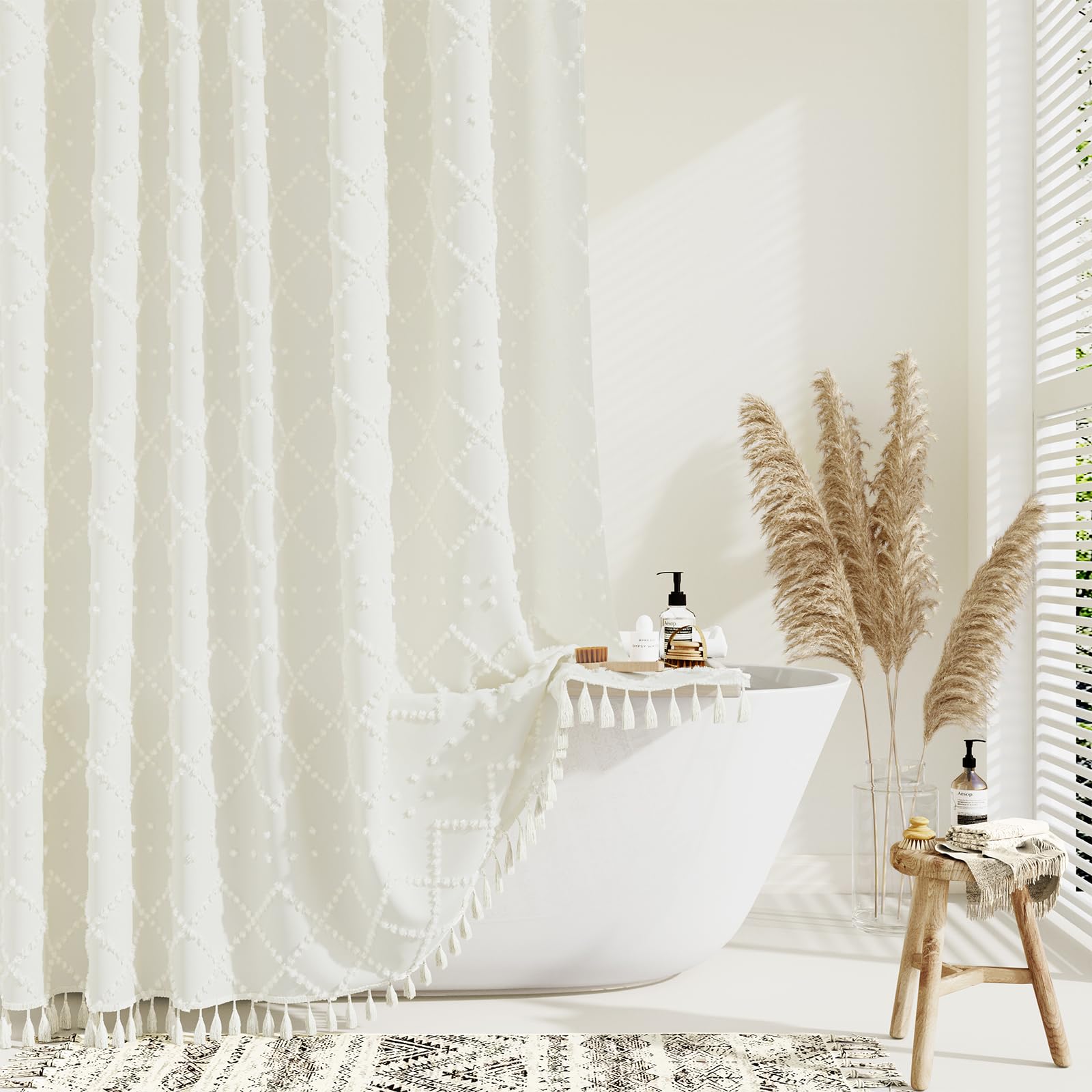 Dynamene Cream Fabric Shower Curtain, Boho Tufted Geometric Striped Tassel Shower Curtain For Bathroom, Shabby Chic Textured Mod