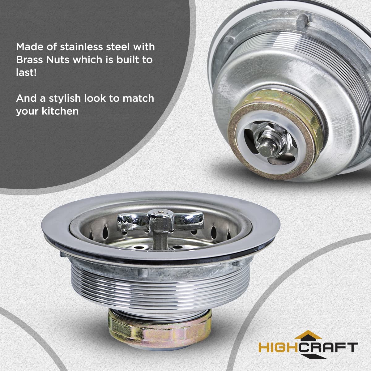 Highcraft Kitchen Sink Drain Assembly - 3.5" Stainless Steel with Strainer Basket & Threaded Stopper, Model 9763