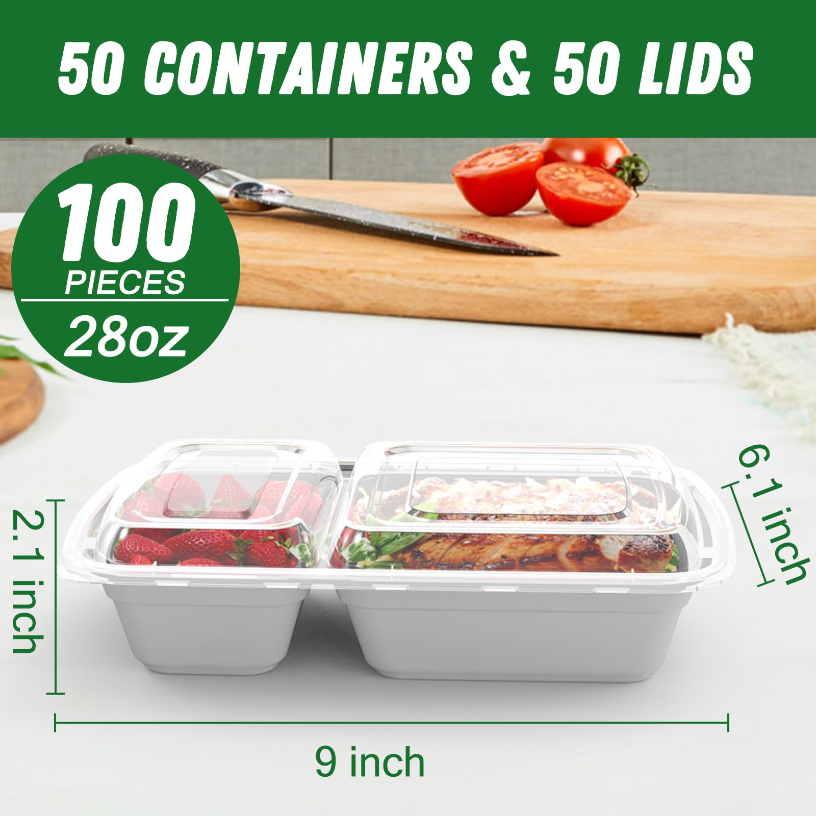 50 Pack (100-Piece) 28 Oz Meal Prep Containers Reusable With Lids 2-Compartment, Sturdy Leakproof Food Safe, Microwave Freezer D
