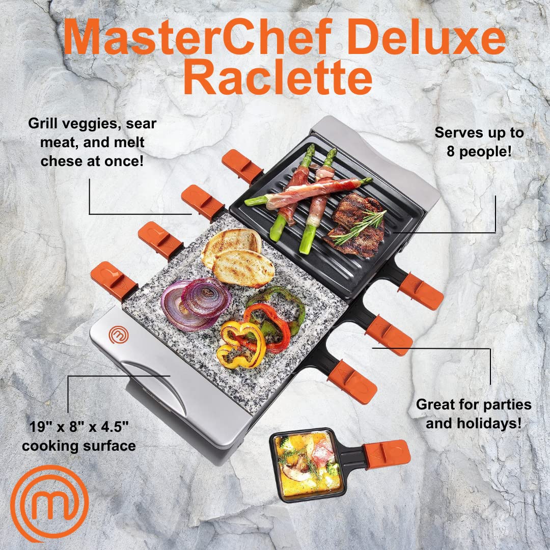 Masterchef Dual Raclette Table Grill W Non-Stick Grilling Plate & Cooking Stone- 8 Person Electric Tabletop Cooker For Korean Bb