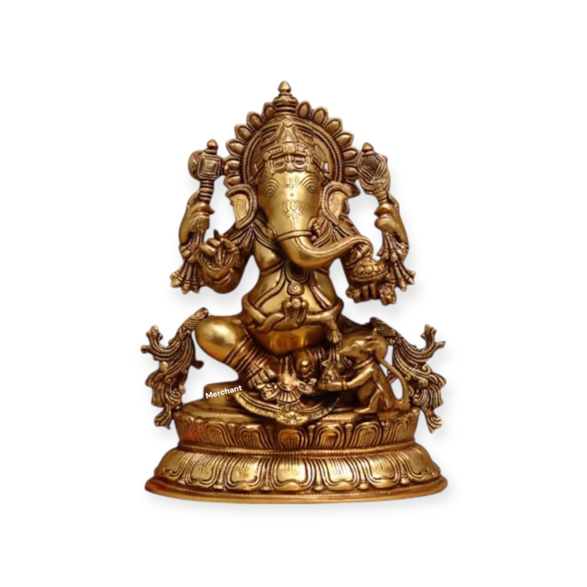 Iyi Merchant Brass Ganesh Statue | Ganpati Sitting On Lotus Base | Golden Ganesha | Fine Work Ganpati Murti For Home Dcor, Templ